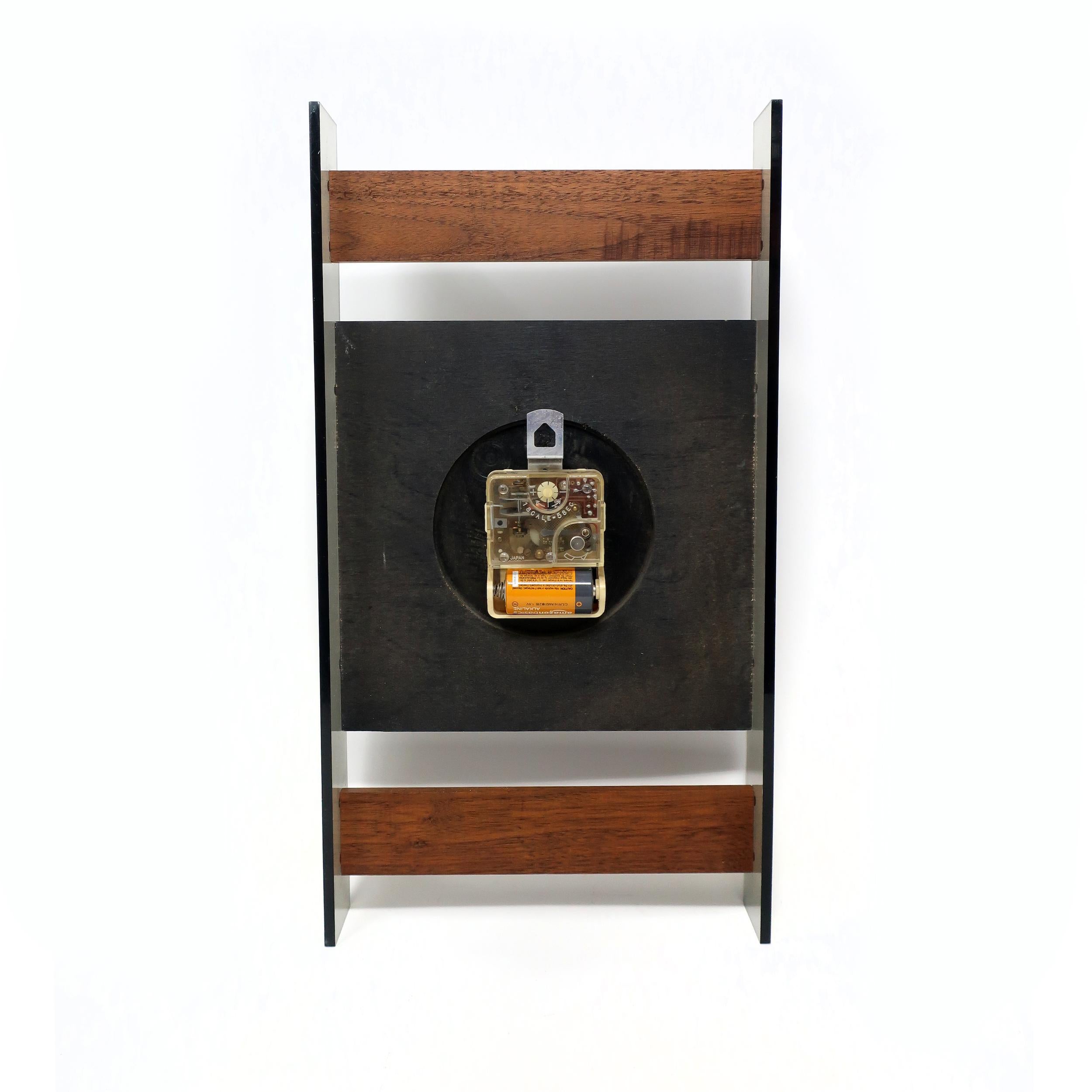 20th Century 1970s Smoked Lucite and Teak Wall Clock by Seth Thomas