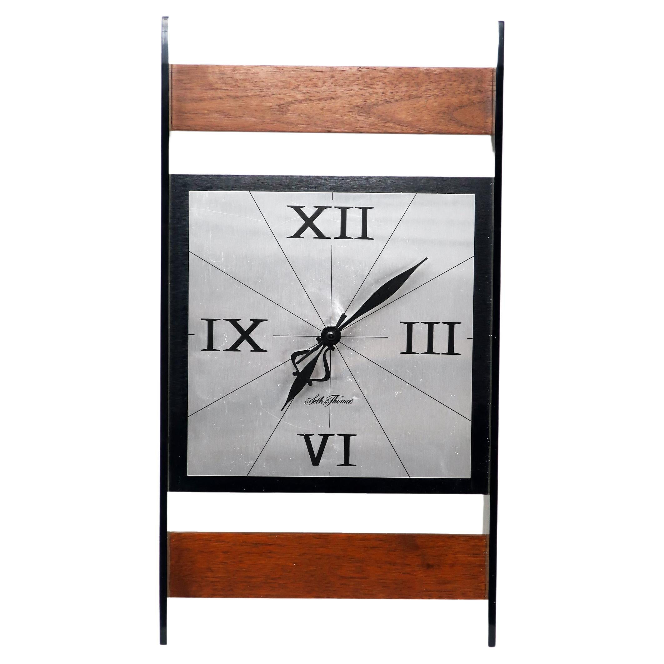 1970s Smoked Lucite and Teak Wall Clock by Seth Thomas