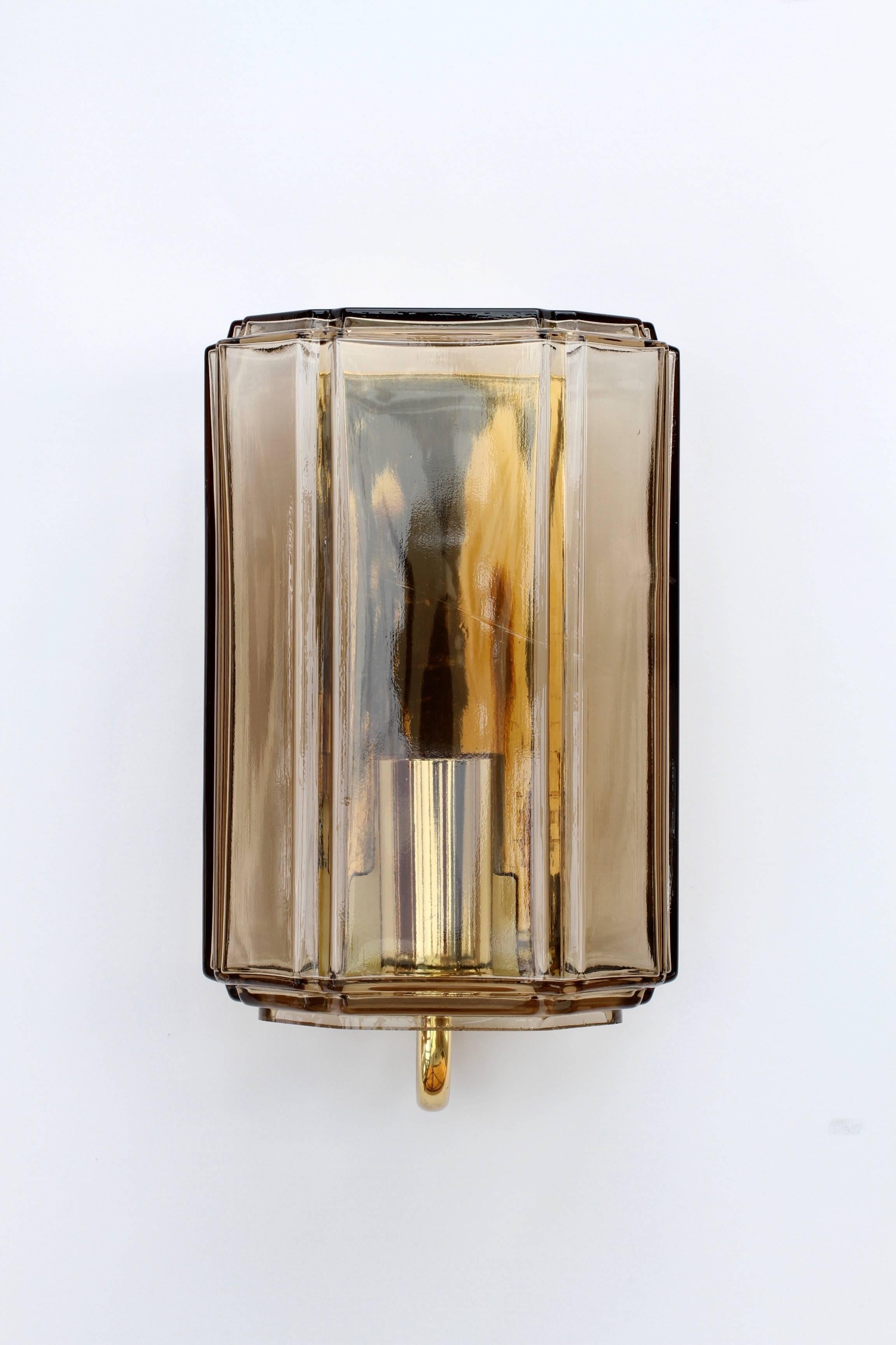 Mid-Century Modern Limburg 1 of 3 Vintage 1970s Smoked 'Topaz' Glass and Brass Wall Lights Lamps