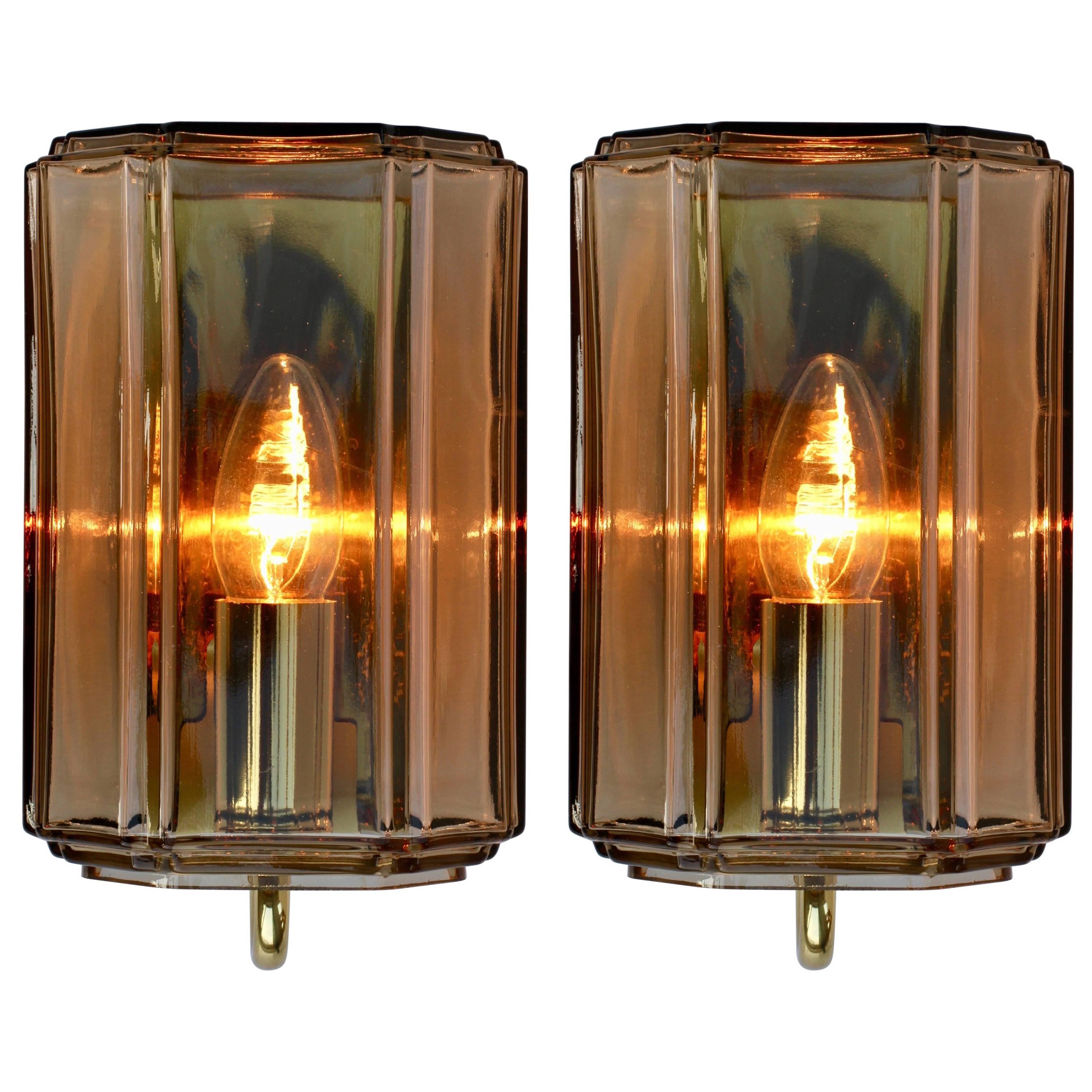 Limburg 1 of 3 Vintage 1970s Smoked 'Topaz' Glass and Brass Wall Lights Lamps