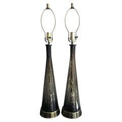 1970s Smokey Murano Glass and Brass Lamps, a Pair