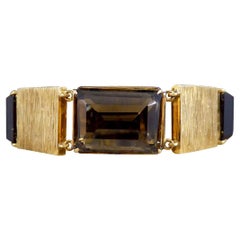 1970's Smokey Quartz Panel Bracelet in 9ct Yellow Gold with Bark Detail