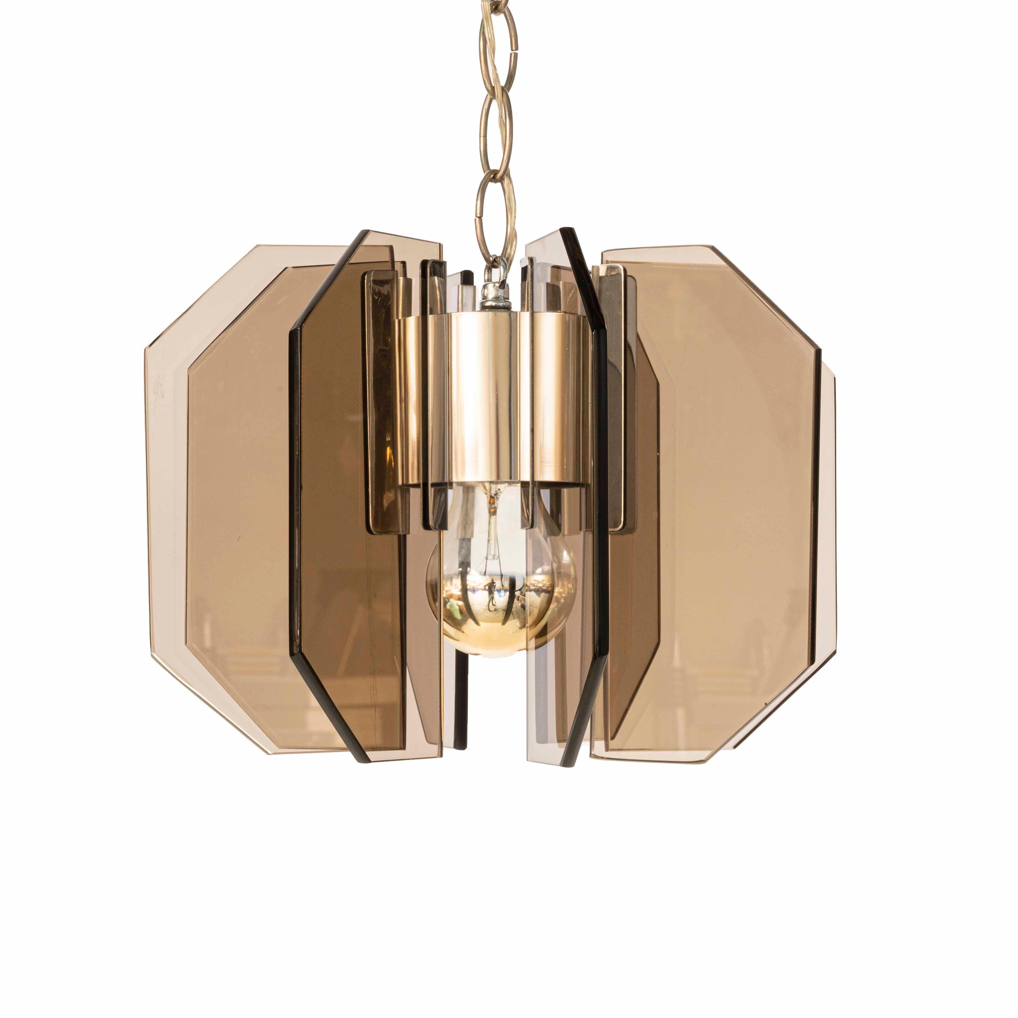 Mid-Century Modern 1970s Smoky Glass and Chrome Pendant For Sale