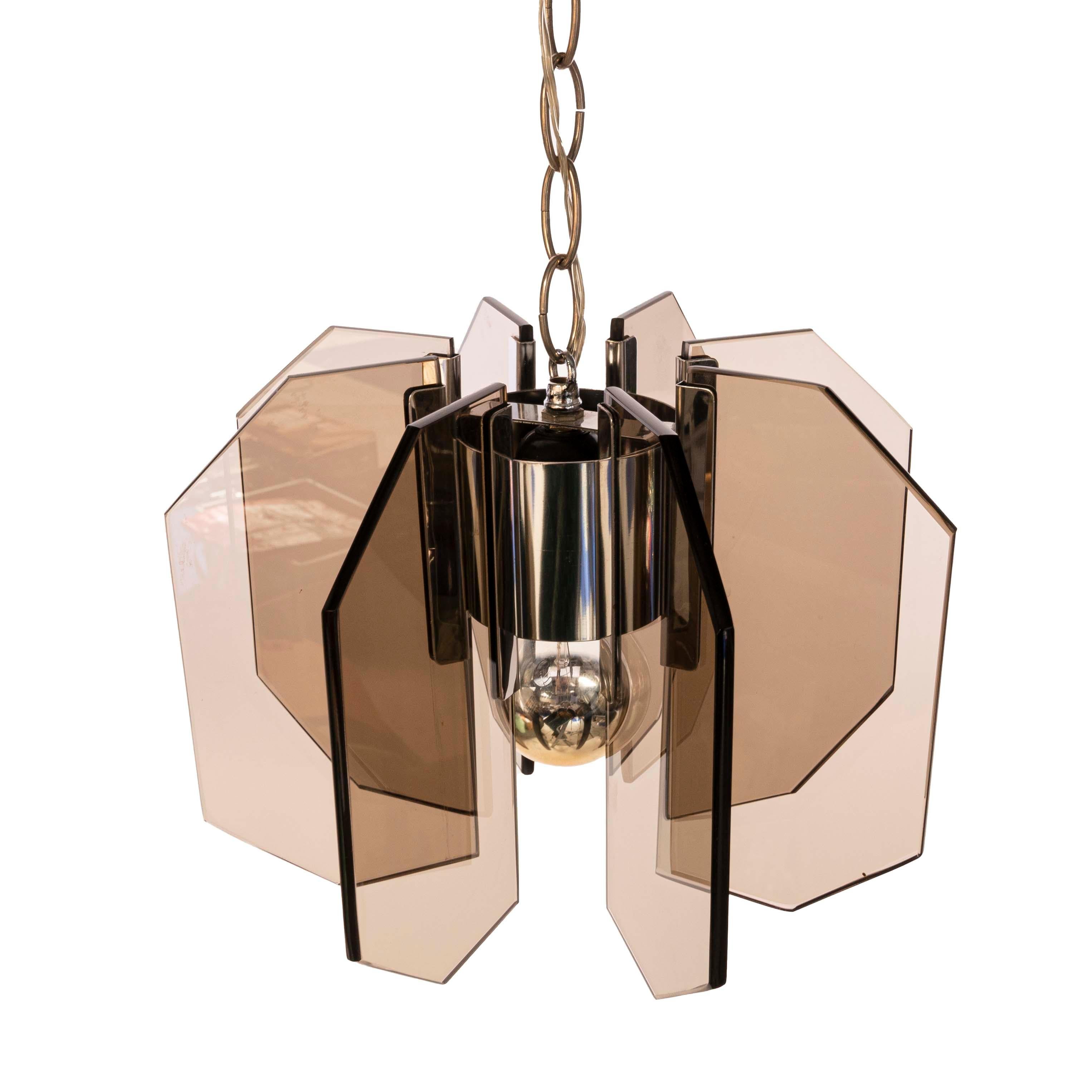 20th Century 1970s Smoky Glass and Chrome Pendant For Sale