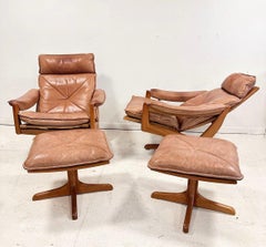 1970s soda galvino Denmark solid teak recliners with ottomans