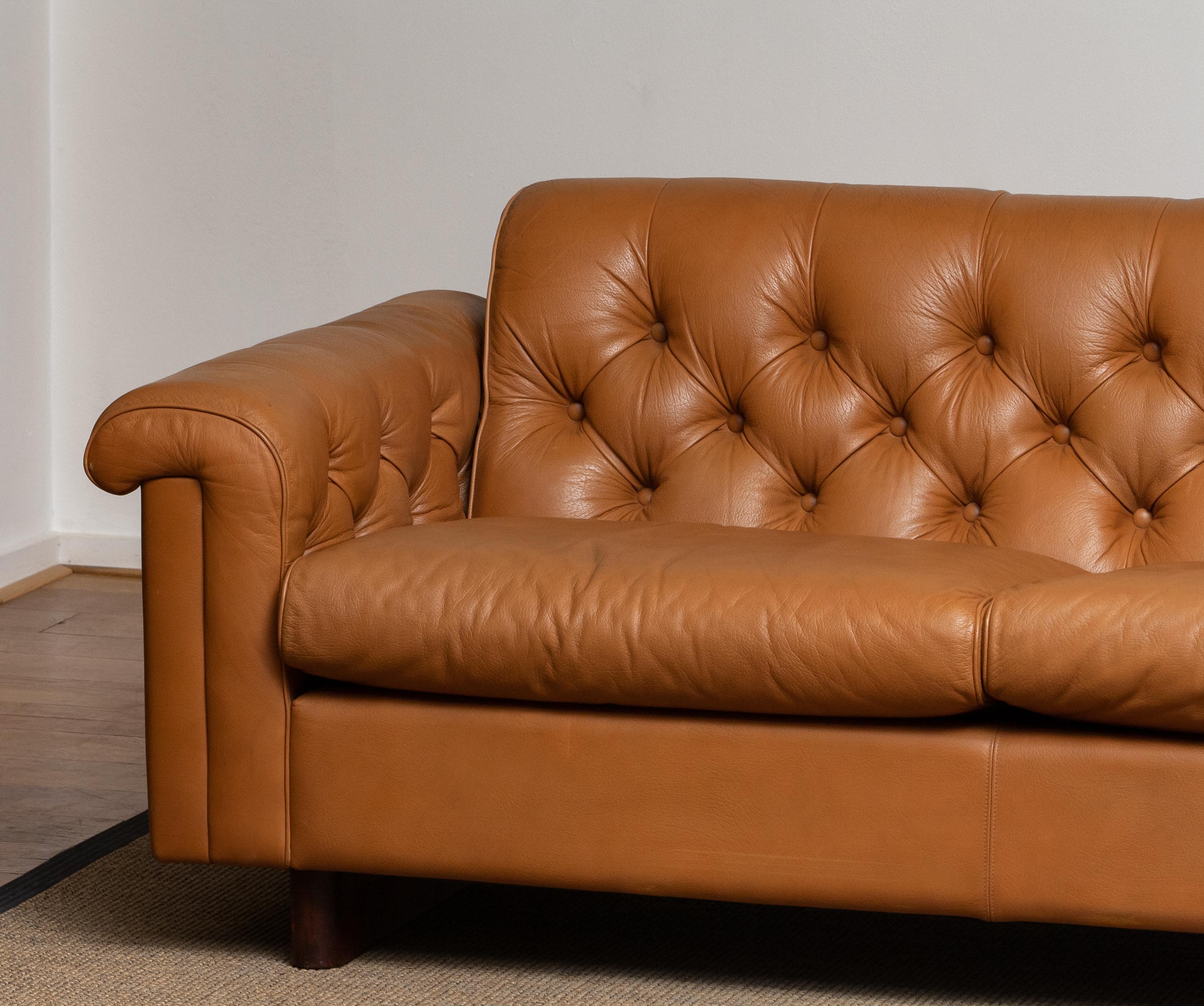 Scandinavian Modern 1970's Sofa by Karl Erik Ekselius for Joc Design in Camel Color Tufted Leather