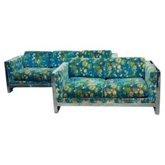 1970s Sofa Set with Jack Lenor Larsen Cotton Velvet Fabric and Chrome Trim