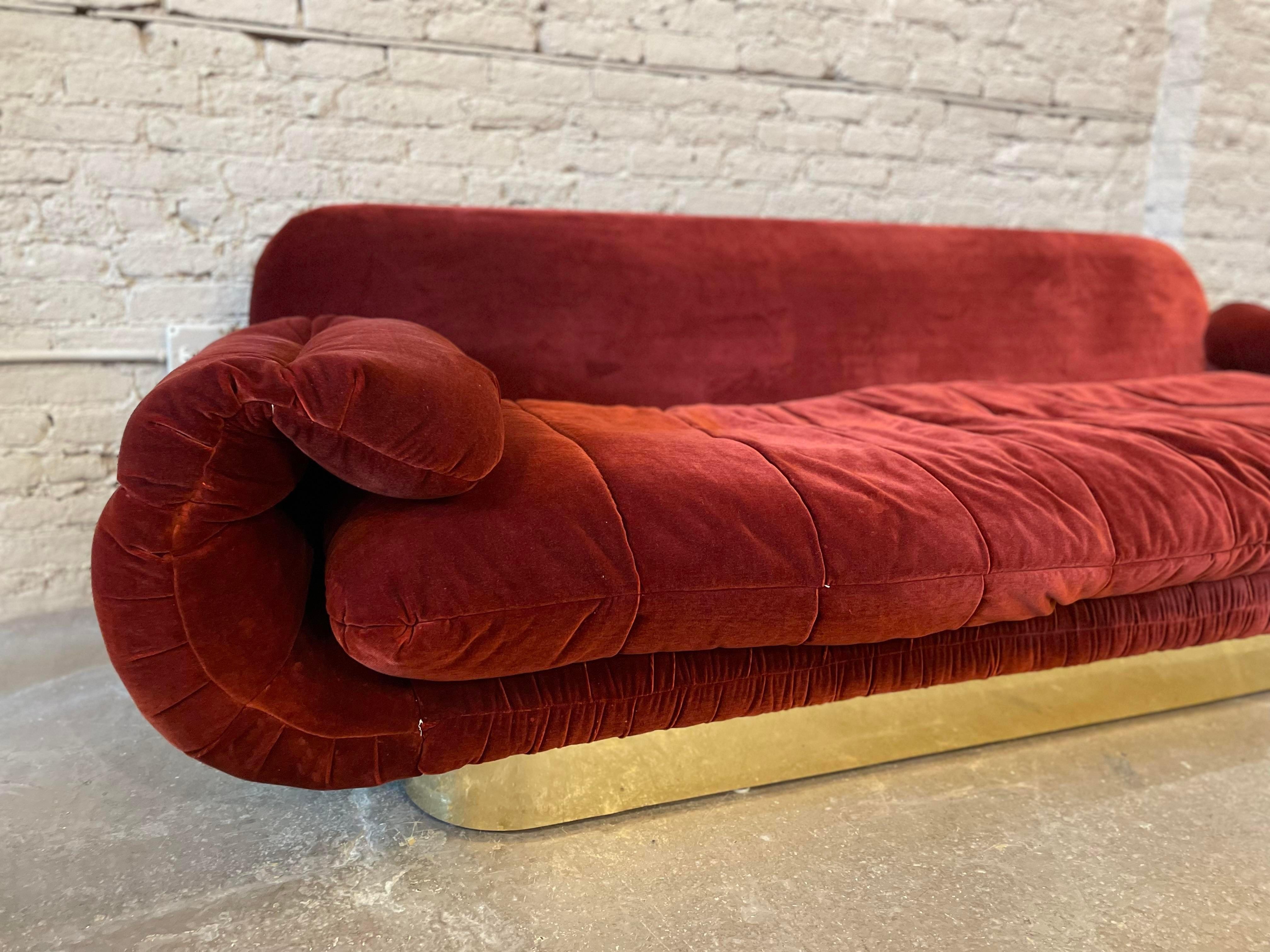 American 1970s Sofa With Curved Arm and Brass Plinth Base