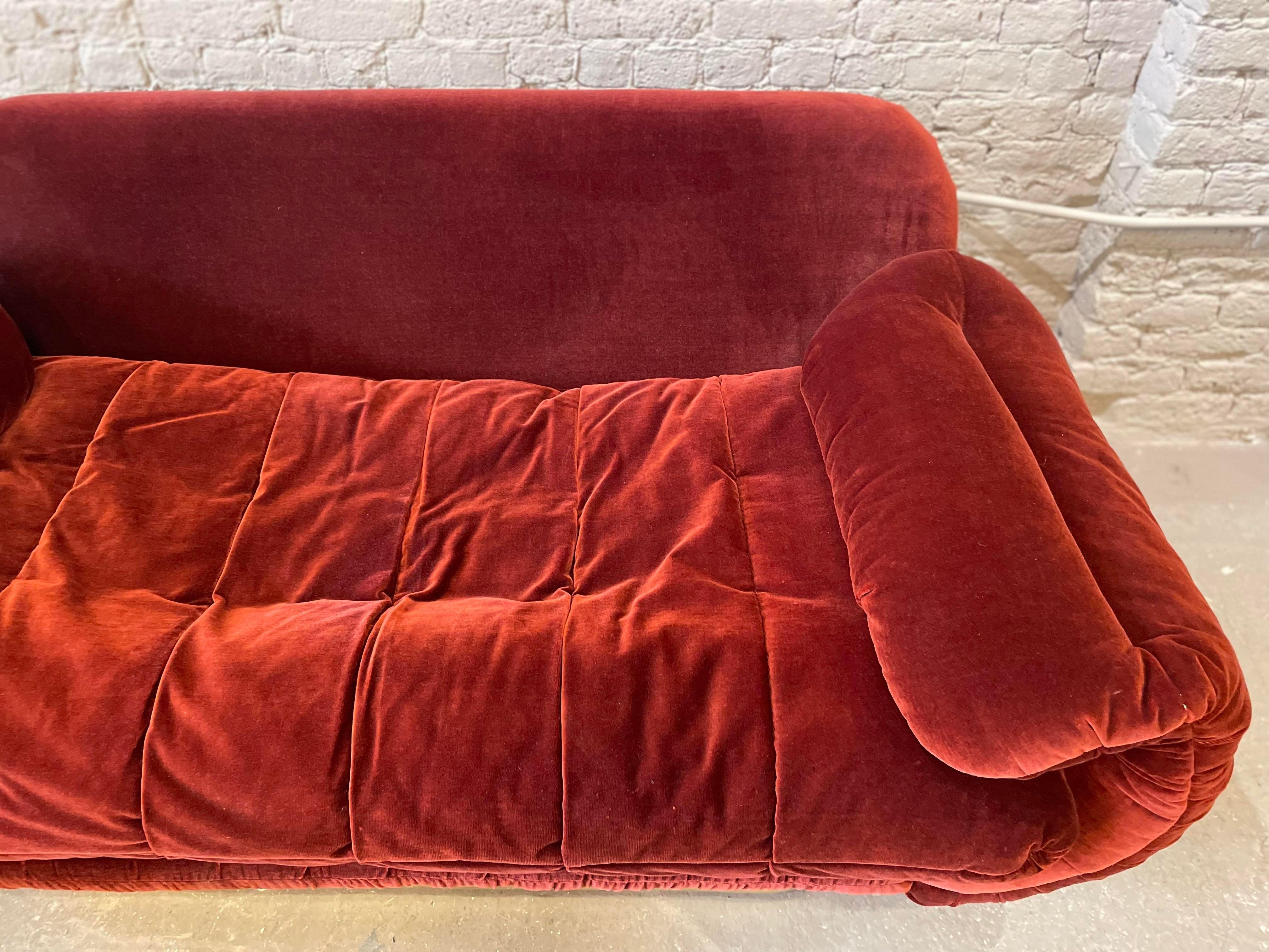 1970s Sofa With Curved Arm and Brass Plinth Base In Good Condition For Sale In Chicago, IL