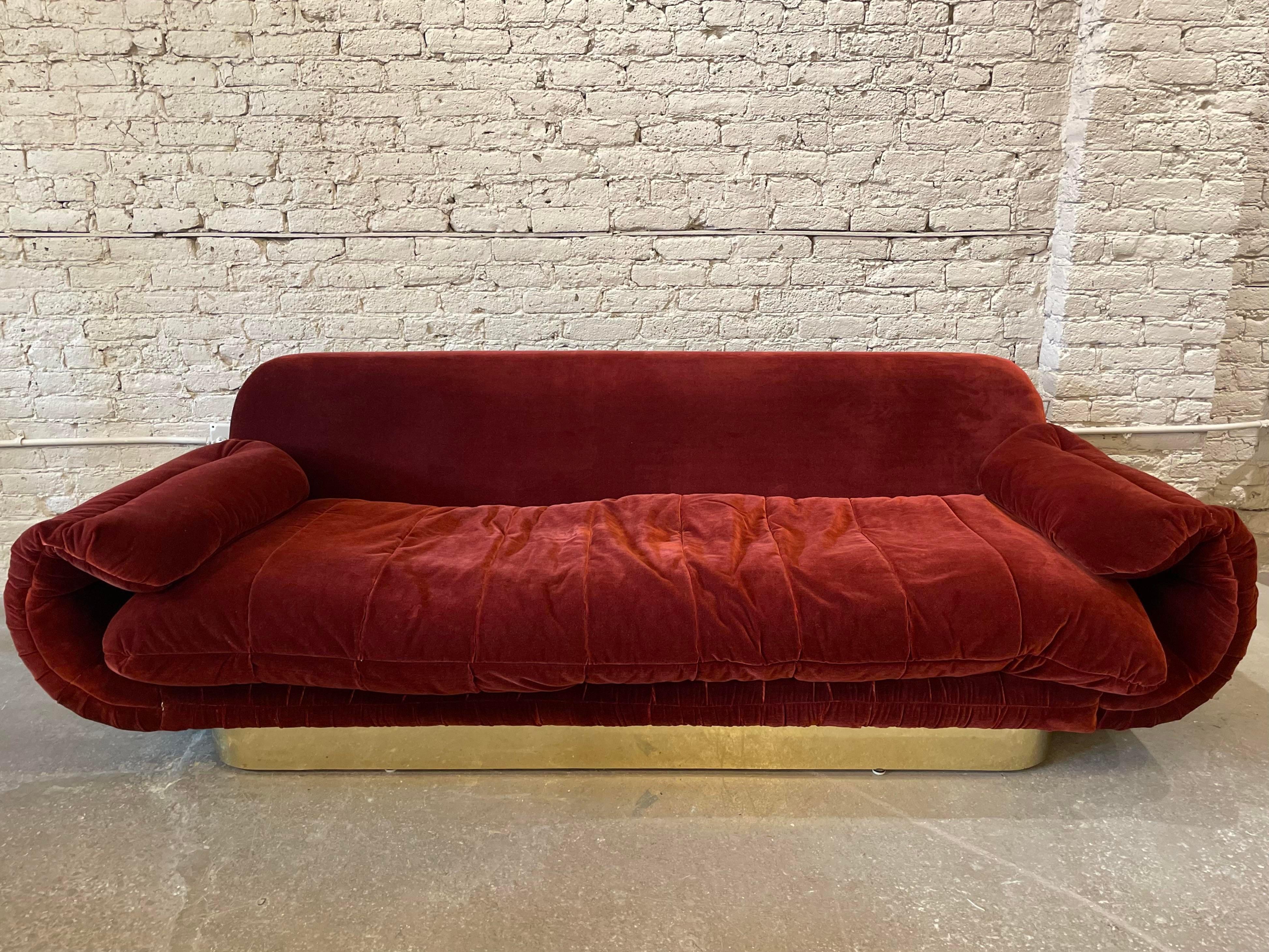 Late 20th Century 1970s Sofa With Curved Arm and Brass Plinth Base