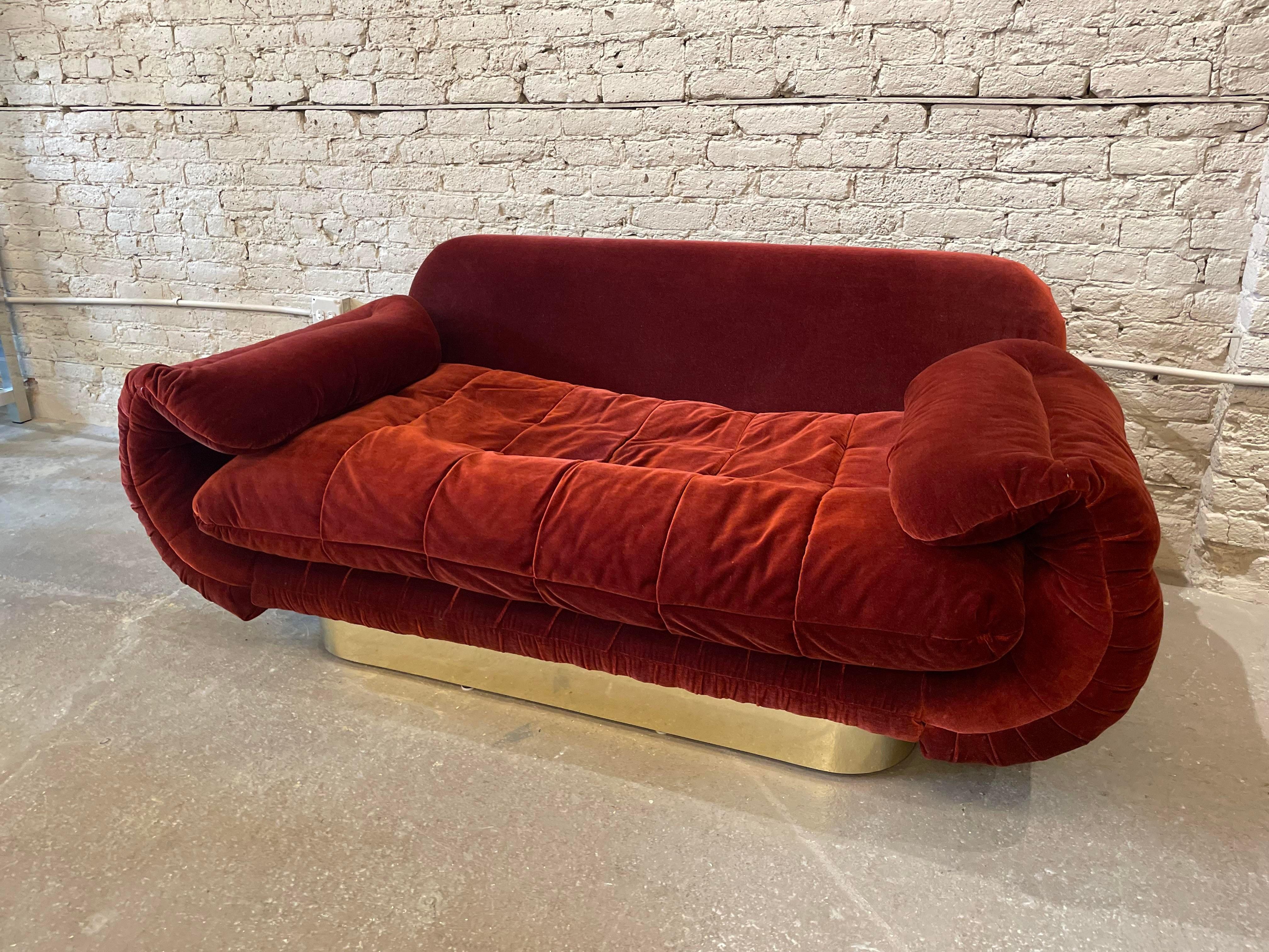 1970s Sofa With Curved Arm and Brass Plinth Base For Sale 1