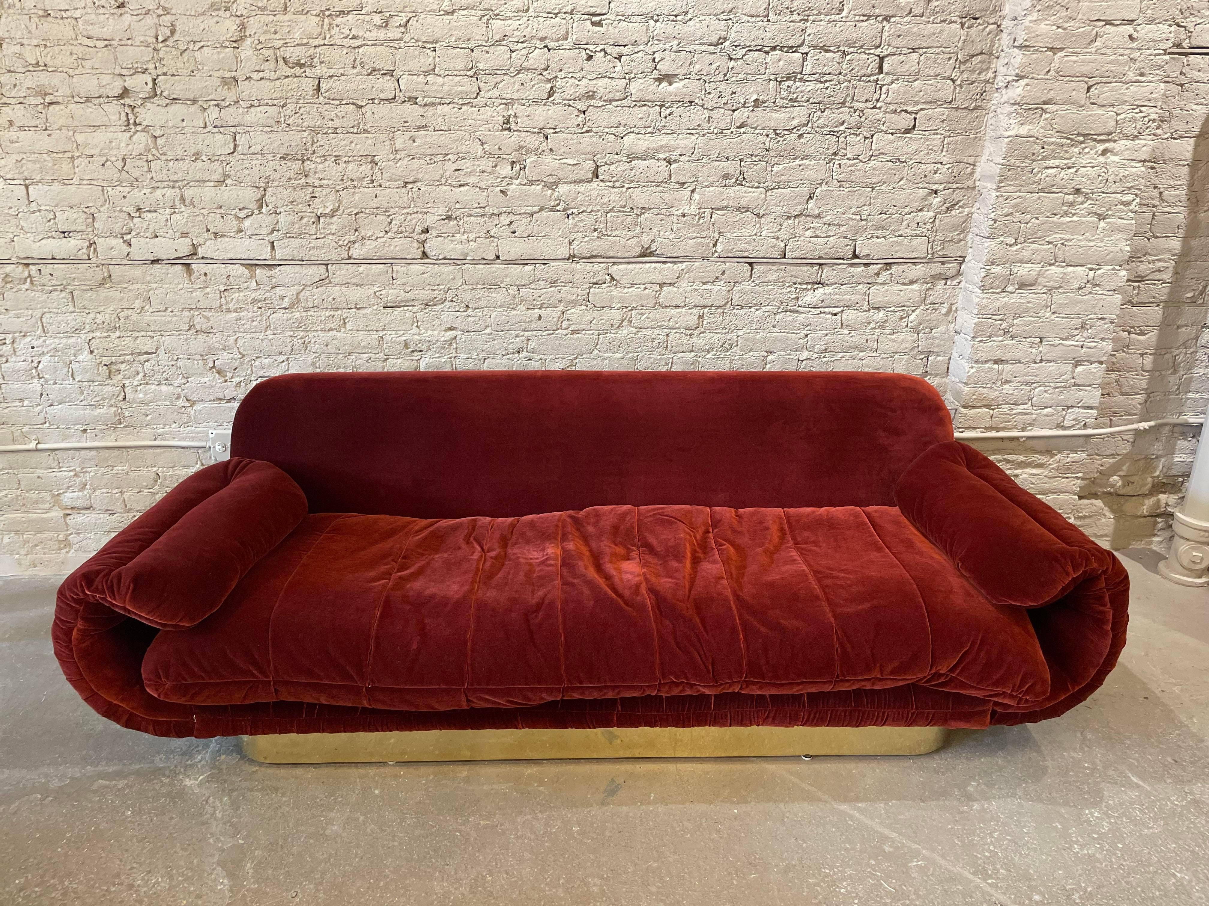 1970s Sofa With Curved Arm and Brass Plinth Base 1