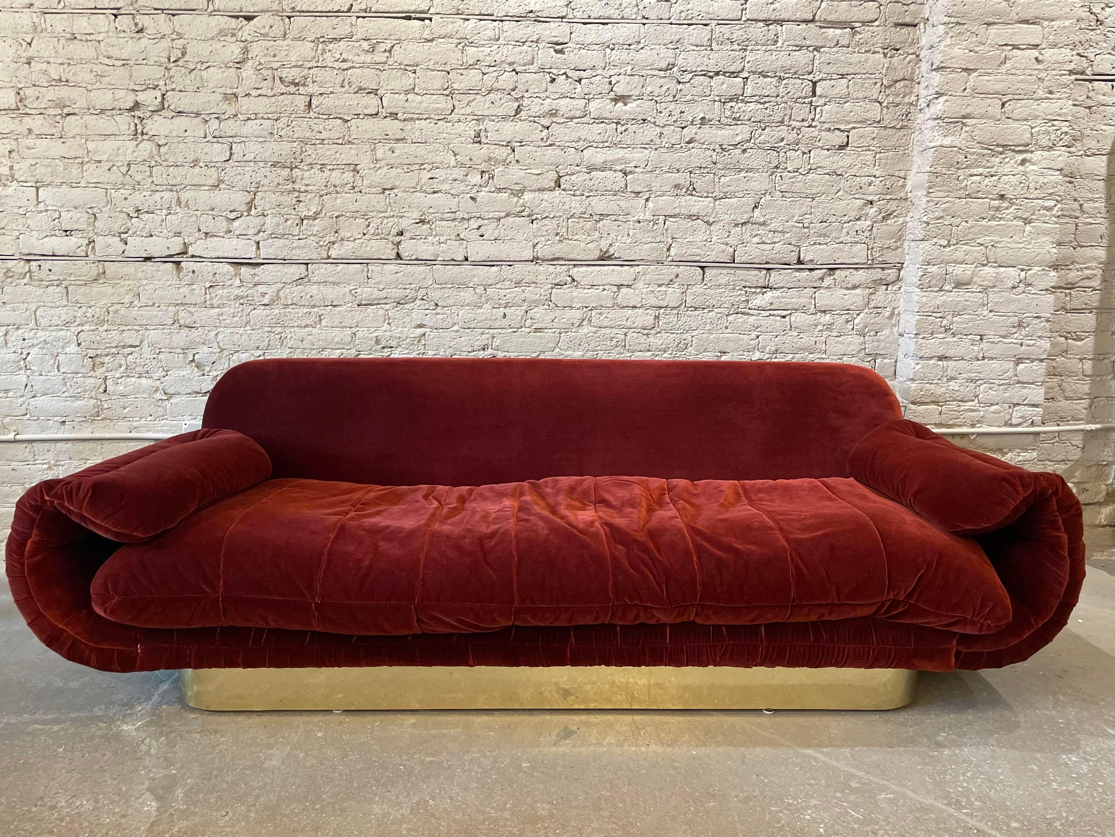1970s Sofa With Curved Arm and Brass Plinth Base 3