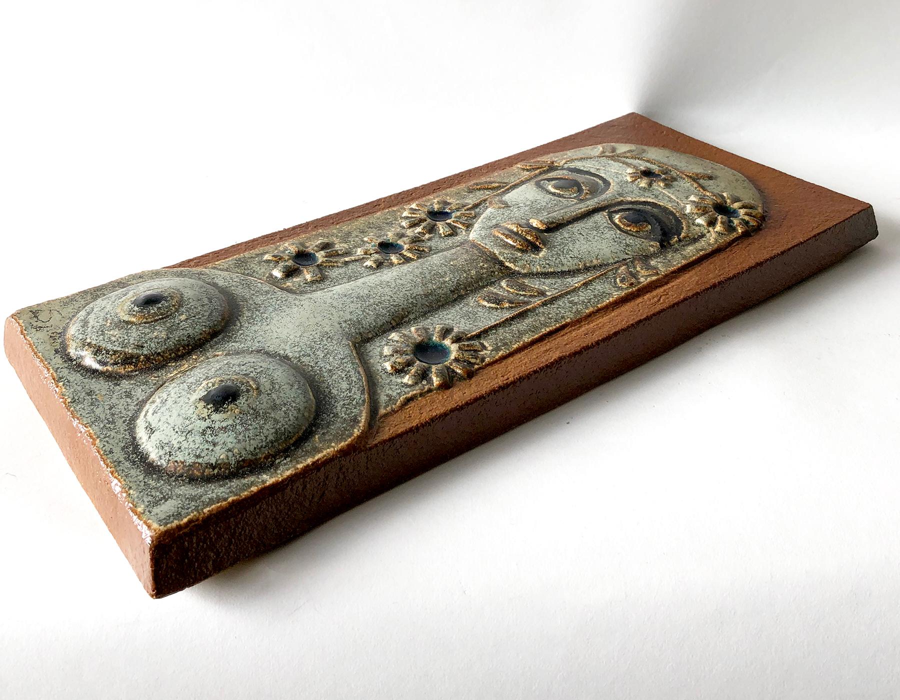 1970s Soholm Stentoj Danish Modernist Woman with Flowers in Hair Ceramic Plaque In Good Condition In Palm Springs, CA