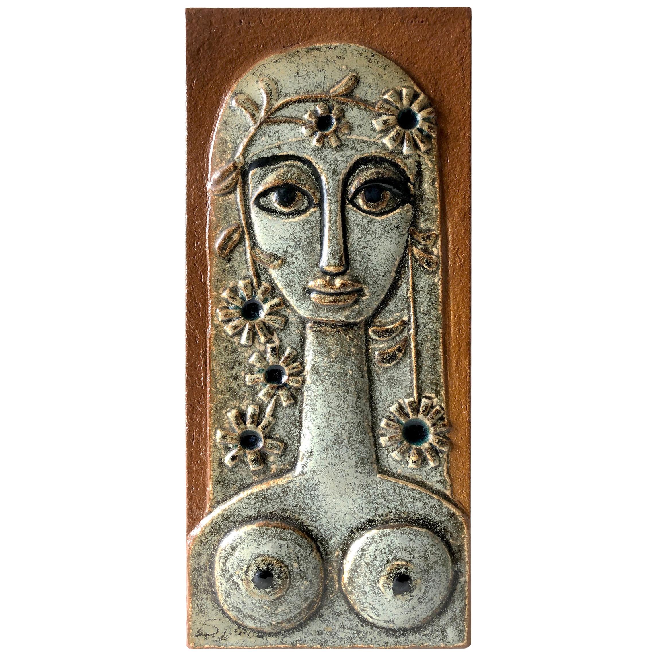 1970s Soholm Stentoj Danish Modernist Woman with Flowers in Hair Ceramic Plaque