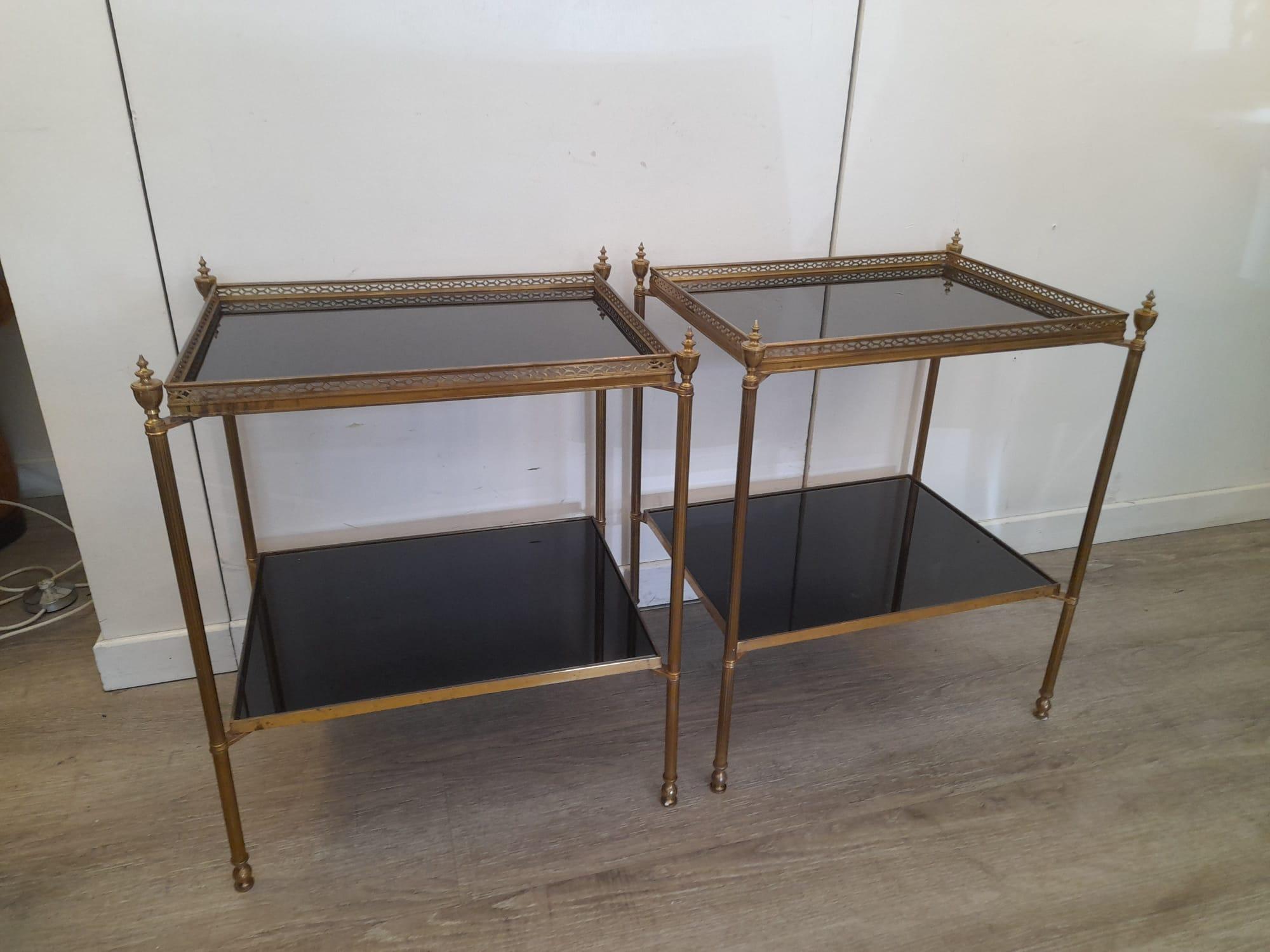 1970s Solid Brass Black Glasses Shelves Attributed to Maison Jansen Two Tables 7