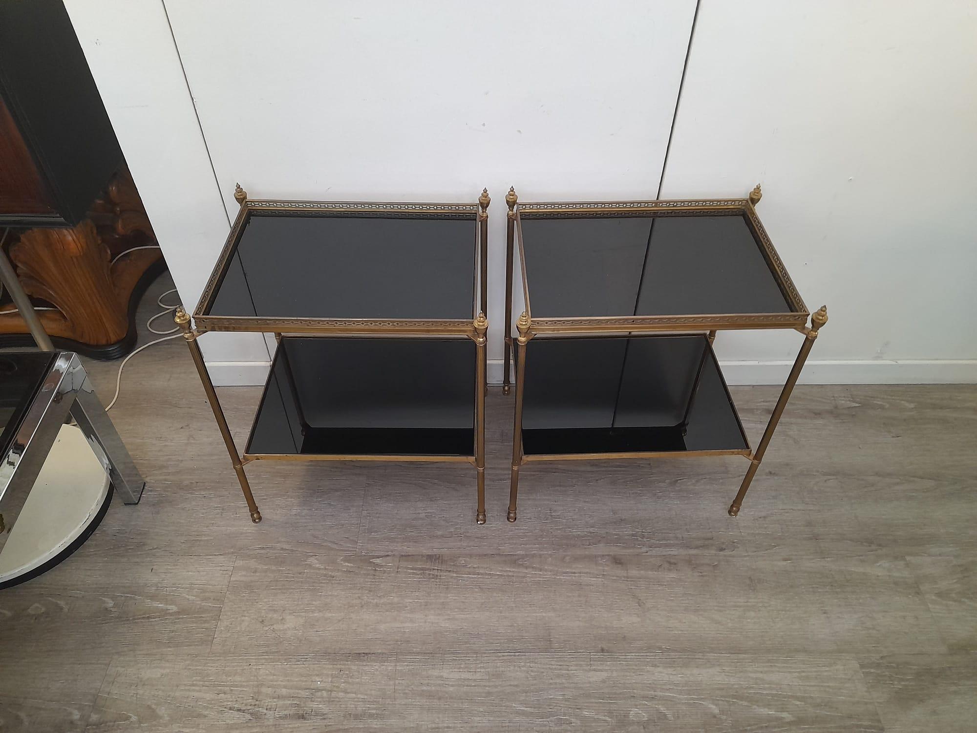 1970s Solid Brass Black Glasses Shelves Attributed to Maison Jansen Two Tables 8