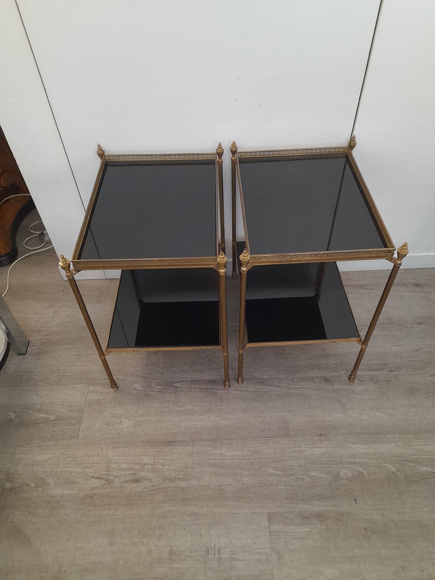 1970s Solid Brass Black Glasses Shelves Attributed to Maison Jansen Two Tables 1