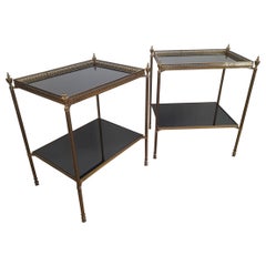 1970s Solid Brass Black Glasses Shelves Attributed to Maison Jansen Two Tables