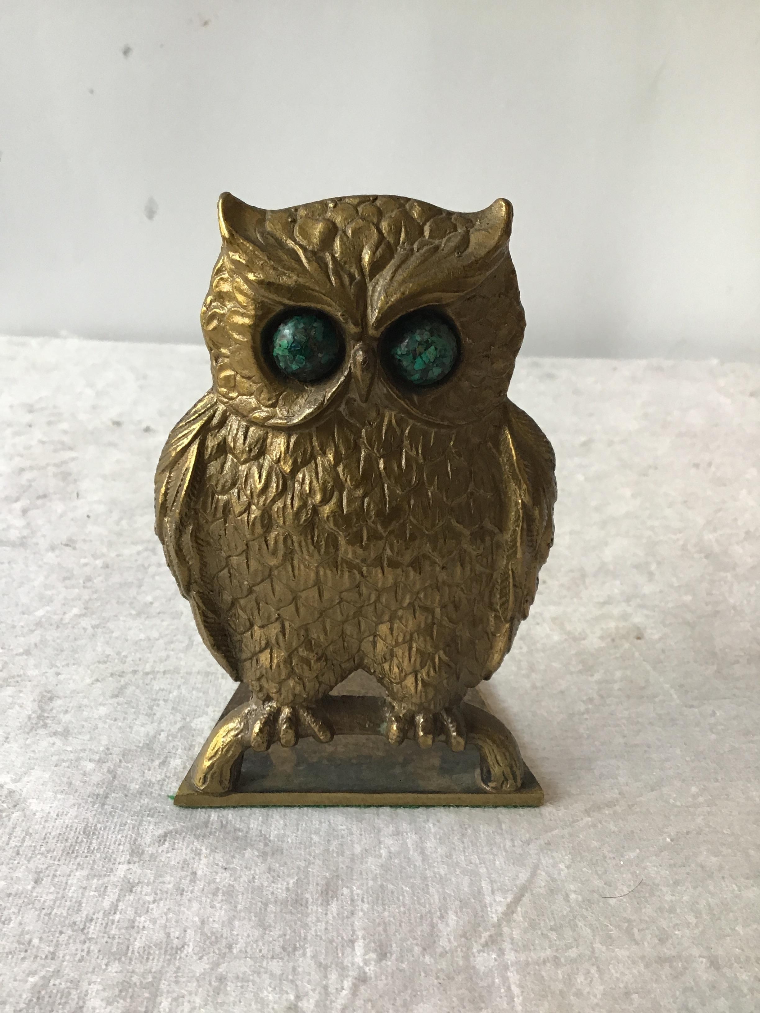 1970s solid brass owl bookends with stone eyes, made in Israel.