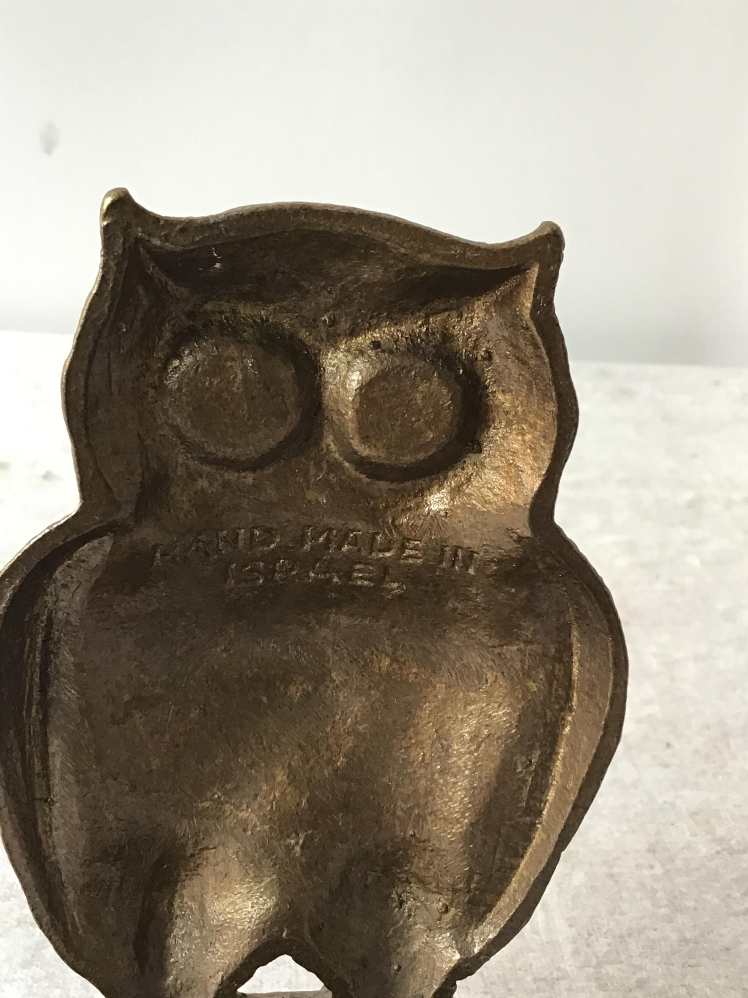 Late 20th Century 1970s Israeli Solid Brass Owl  Bookends with Stone Eyes