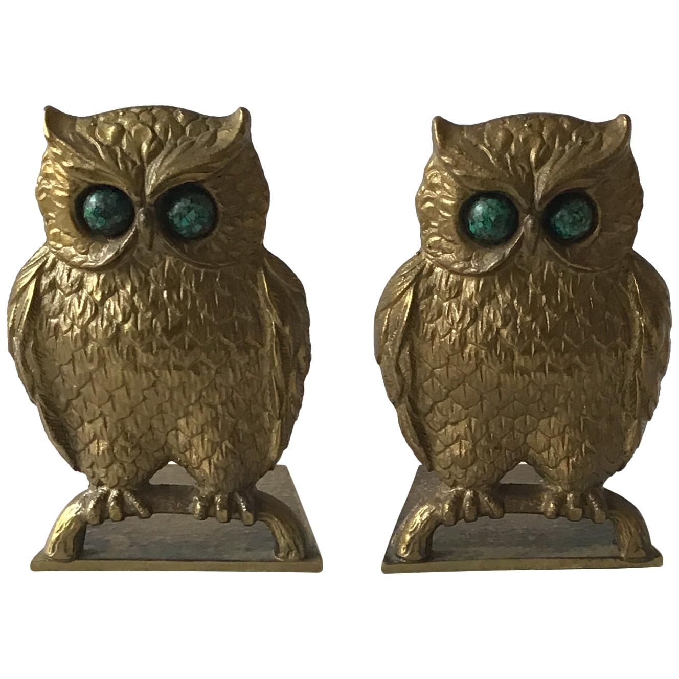 1970s Israeli Solid Brass Owl  Bookends with Stone Eyes