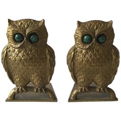 Vintage 1970s Israeli Solid Brass Owl  Bookends with Stone Eyes