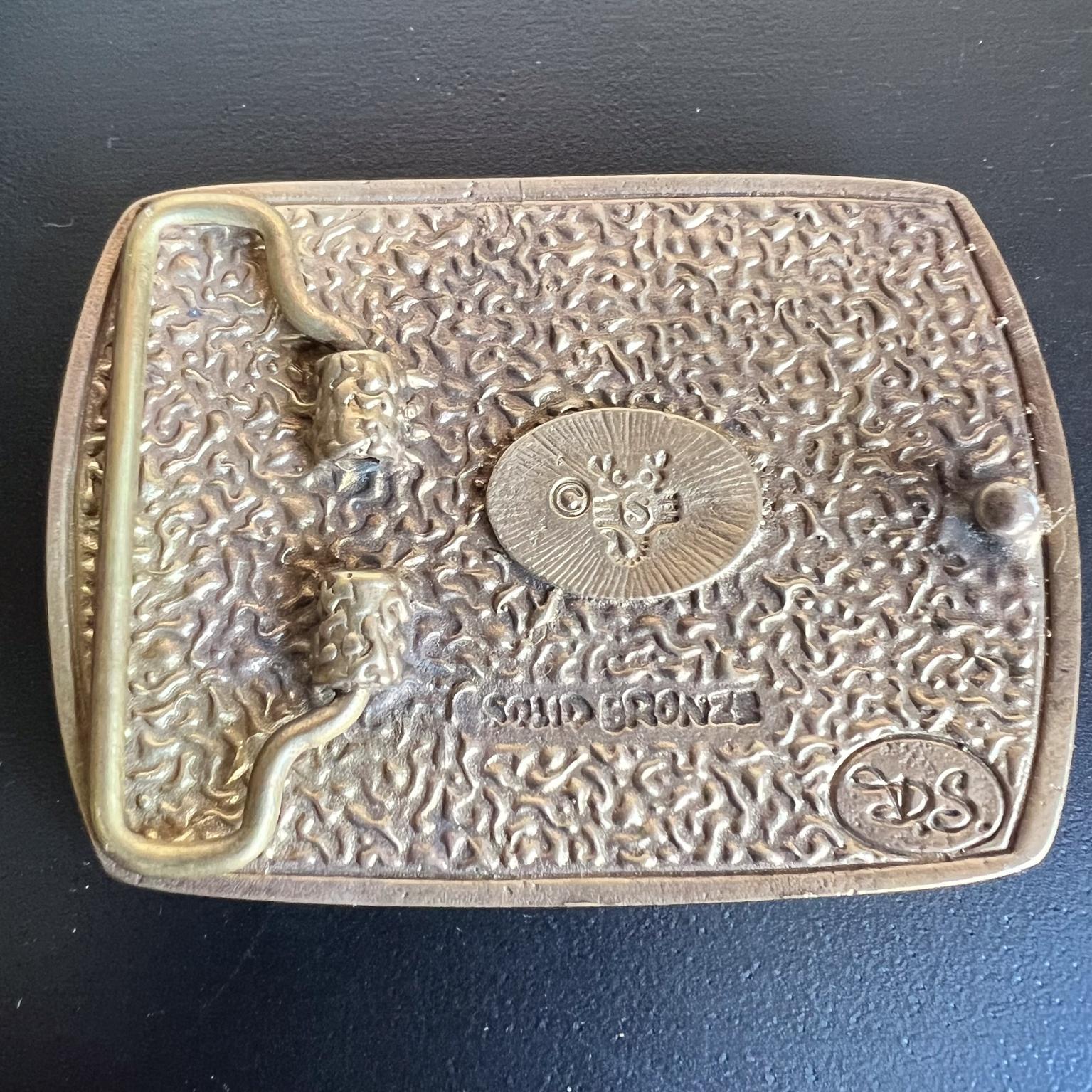 1970s Solid Bronze Belt Buckle Wood Abalone Inlay For Sale 2