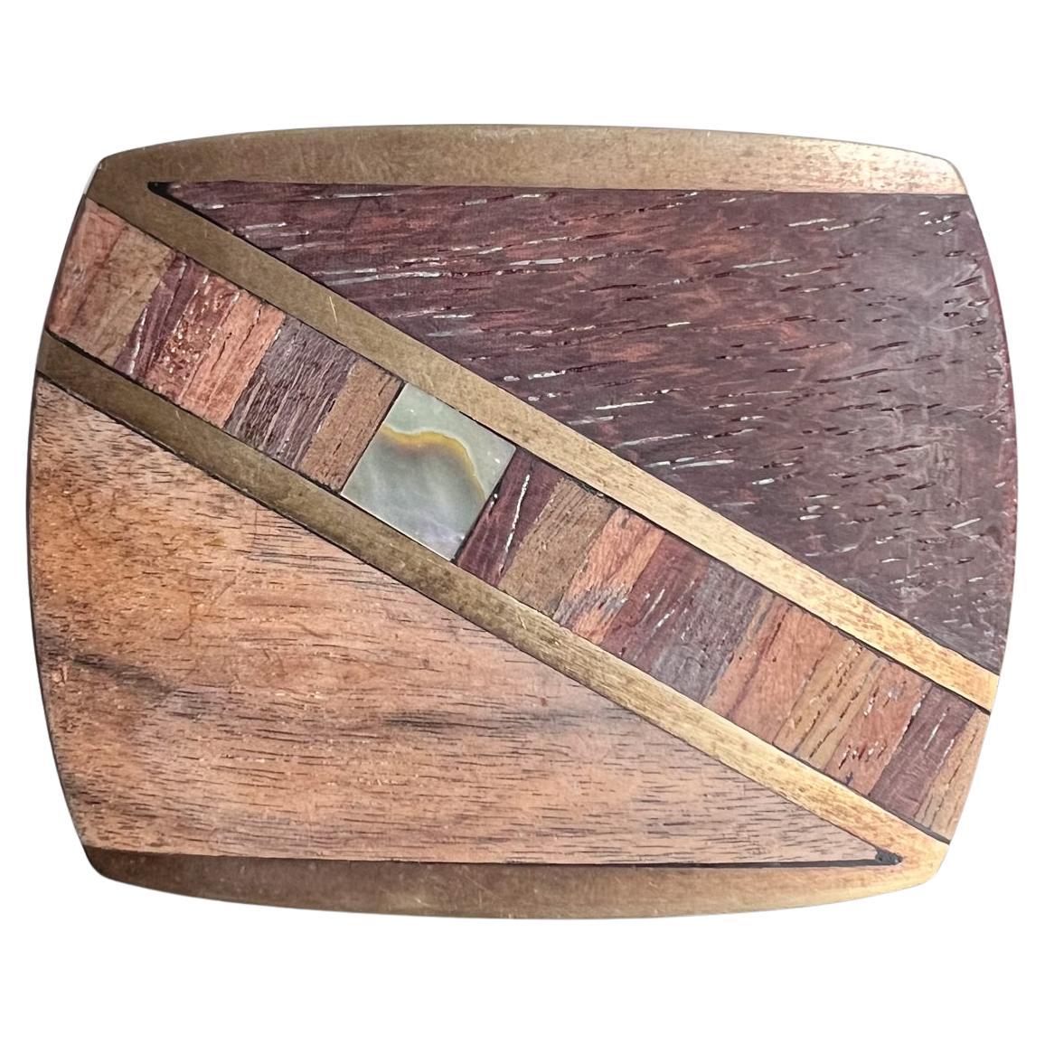 1970s Solid Bronze Belt Buckle Wood Abalone Inlay