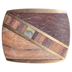 1970s Solid Bronze Belt Buckle Wood Abalone Inlay