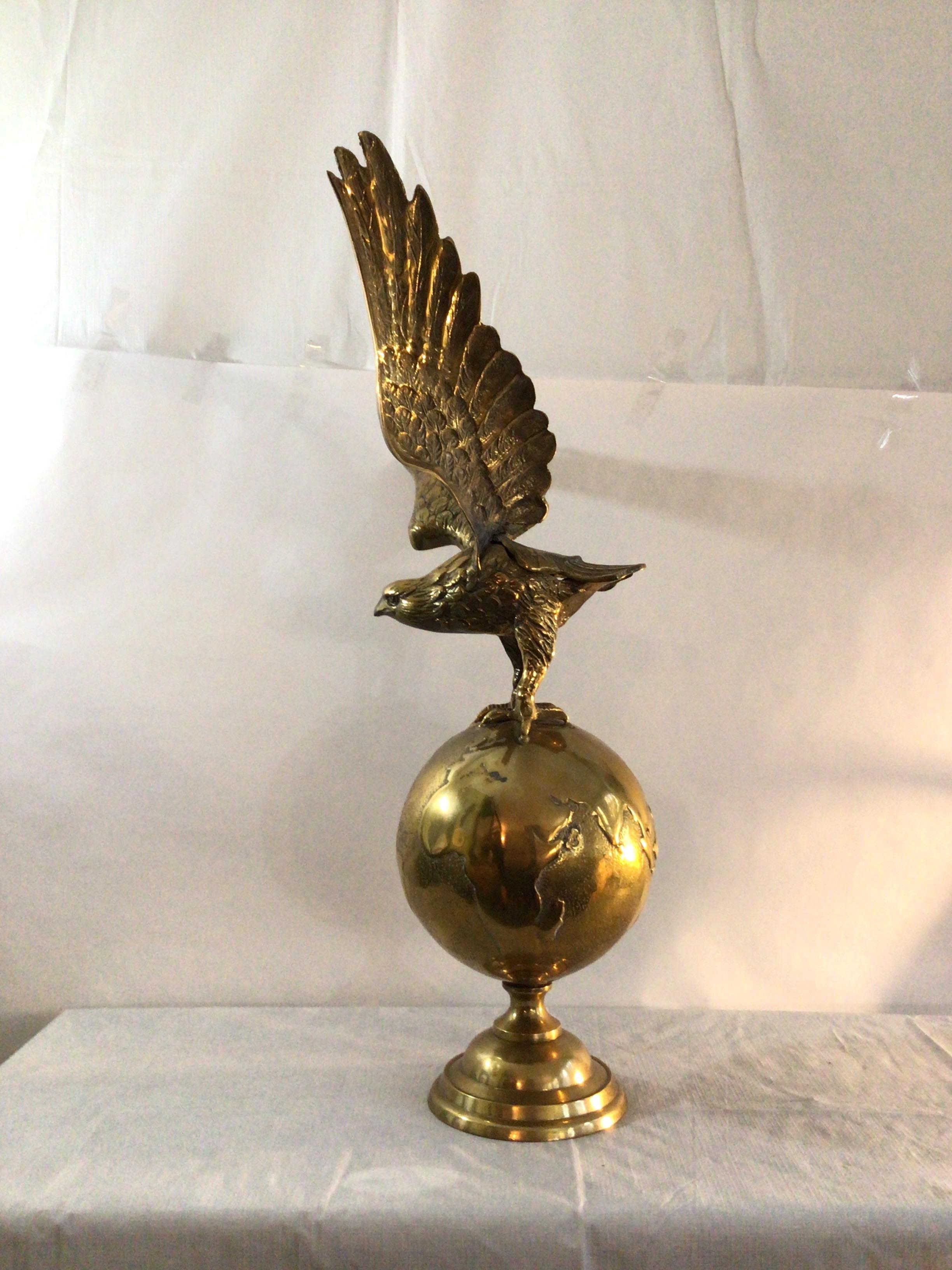 Unknown 1970s Solid Cast Brass Eagle On World Statue