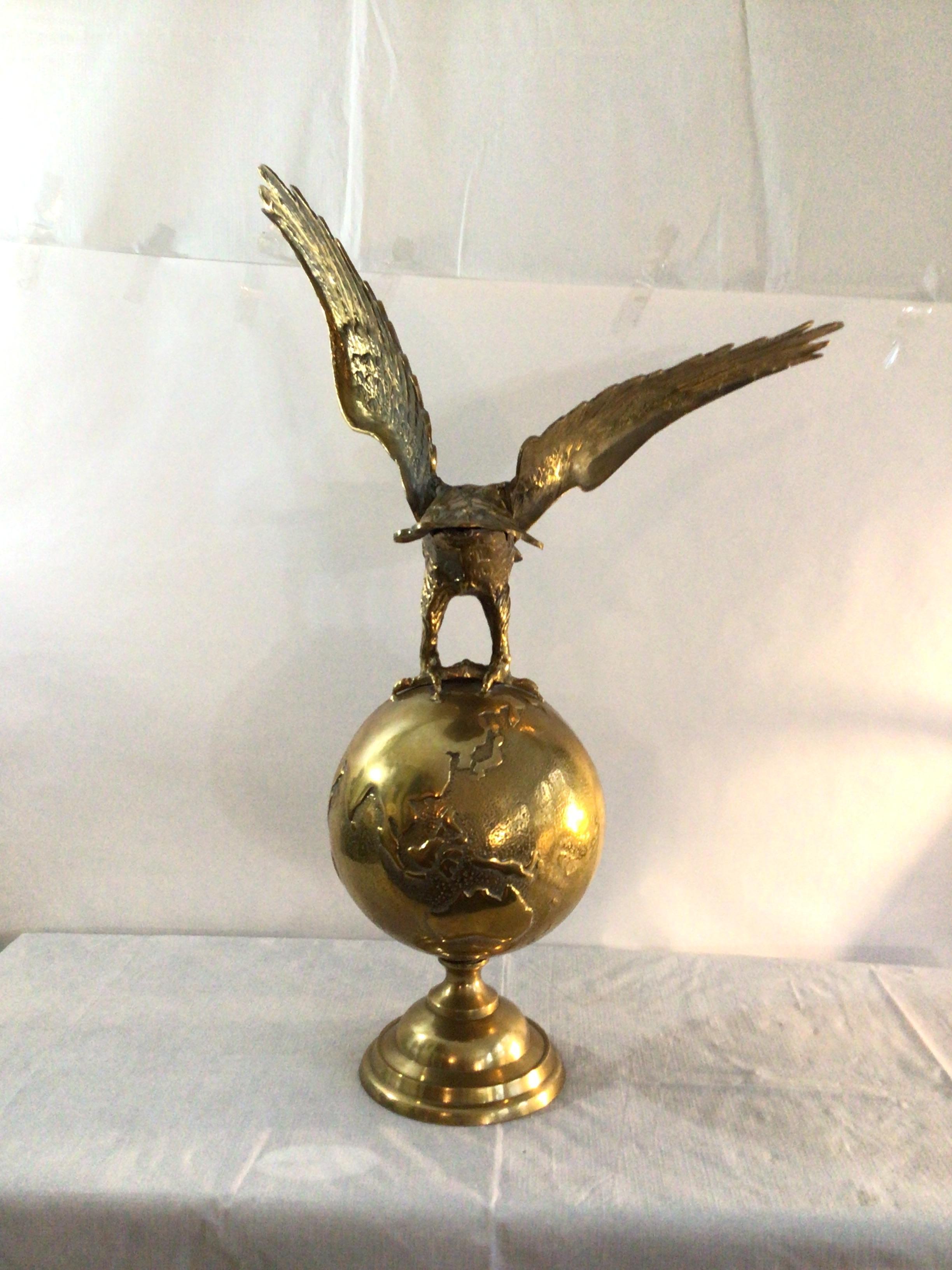 Late 20th Century 1970s Solid Cast Brass Eagle On World Statue