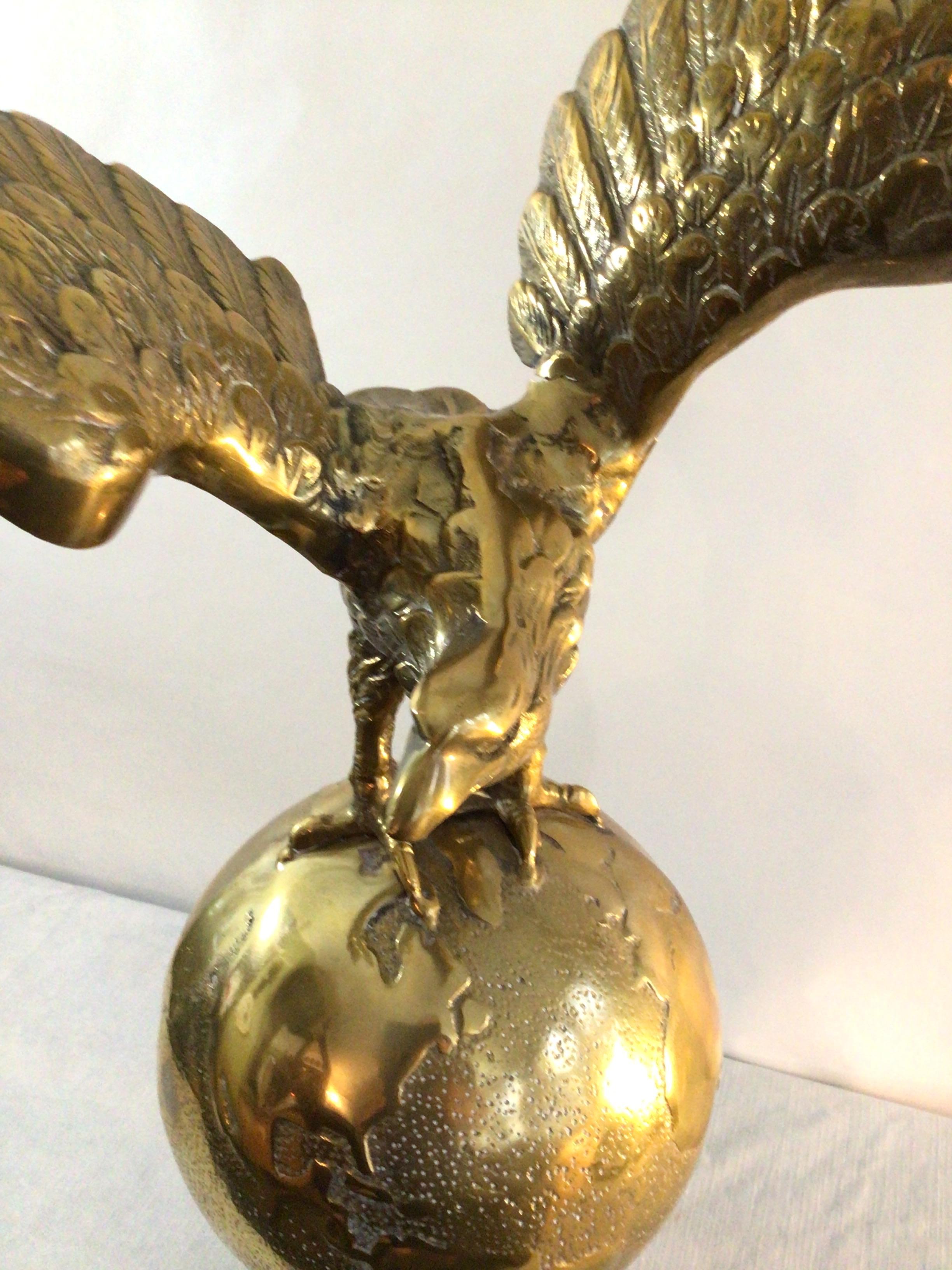 1970s Solid Cast Brass Eagle On World Statue 3