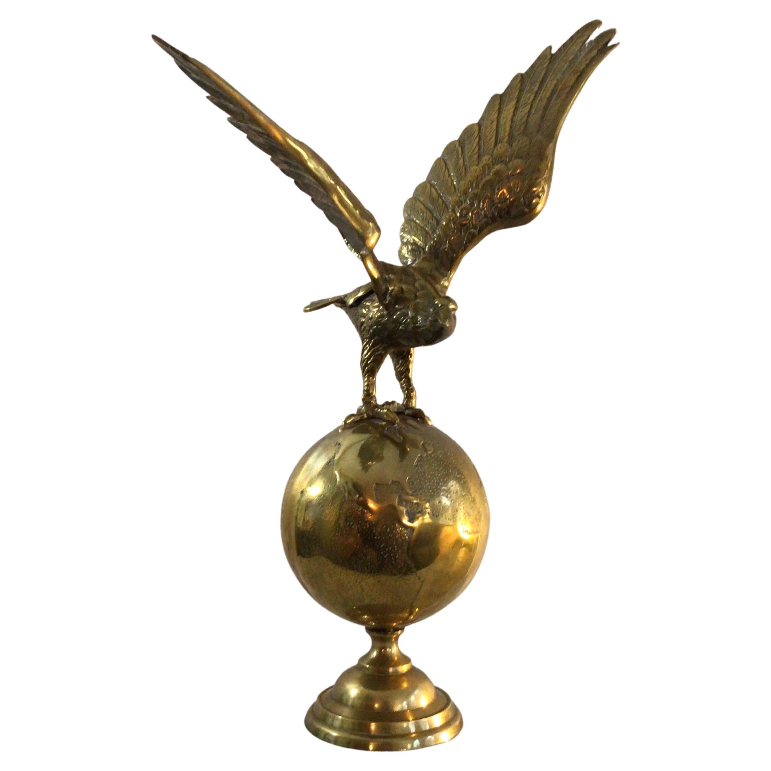 1970s Solid Cast Brass Eagle On World Statue