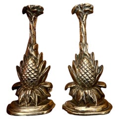 1970s Solid Cast Patinated Brass Pineapple Bookends Hollywood Regency