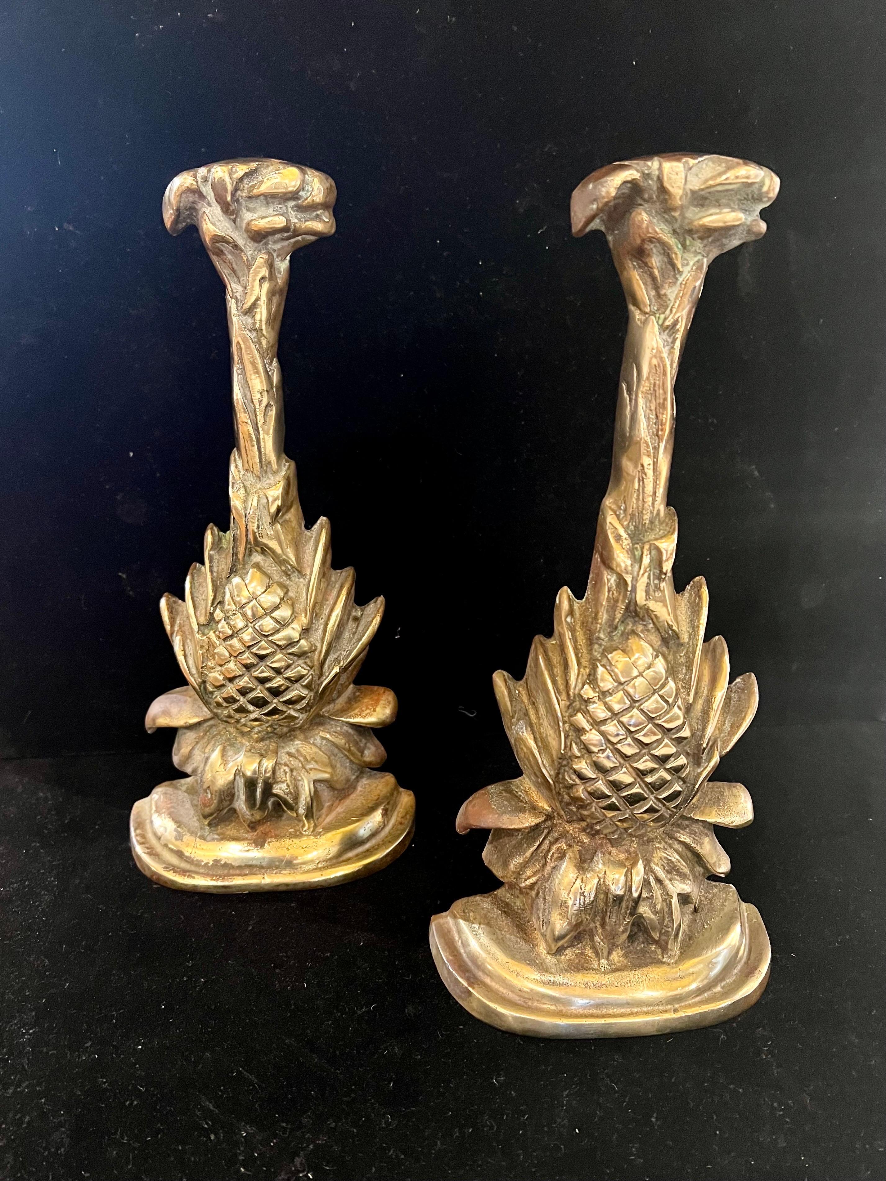 American 1970s Solid Cast Patinated Brass Pineapple Bookends Hollywood Regency For Sale