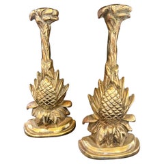 Vintage 1970s Solid Cast Patinated Brass Pineapple Bookends Hollywood Regency