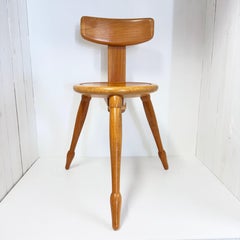 1970's solid cherry wood tripod stool with backrest