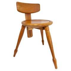 1970's solid cherry wood tripod stool with backrest
