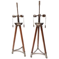 1970s Solid Maple and Nickel Tripod Table Lamps, a Pair