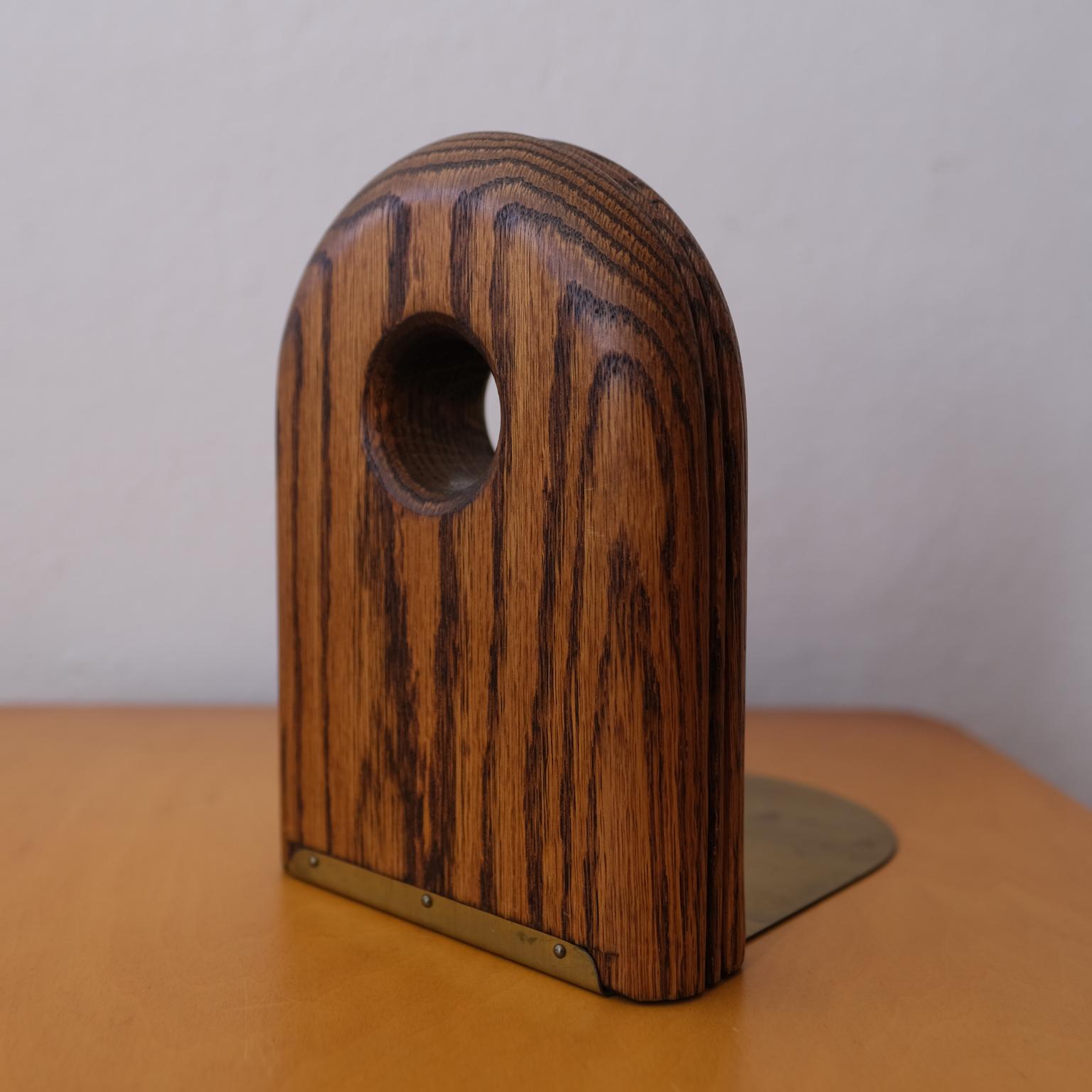 American 1970s Solid Oak and Brass Modernist Bookends For Sale