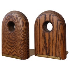1970s Solid Oak and Brass Modernist Bookends