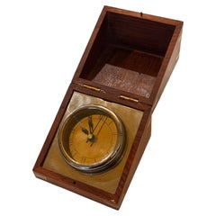 1970's Solid Rosewood & Brass MCM Porthole Boxed Table Desk Clock