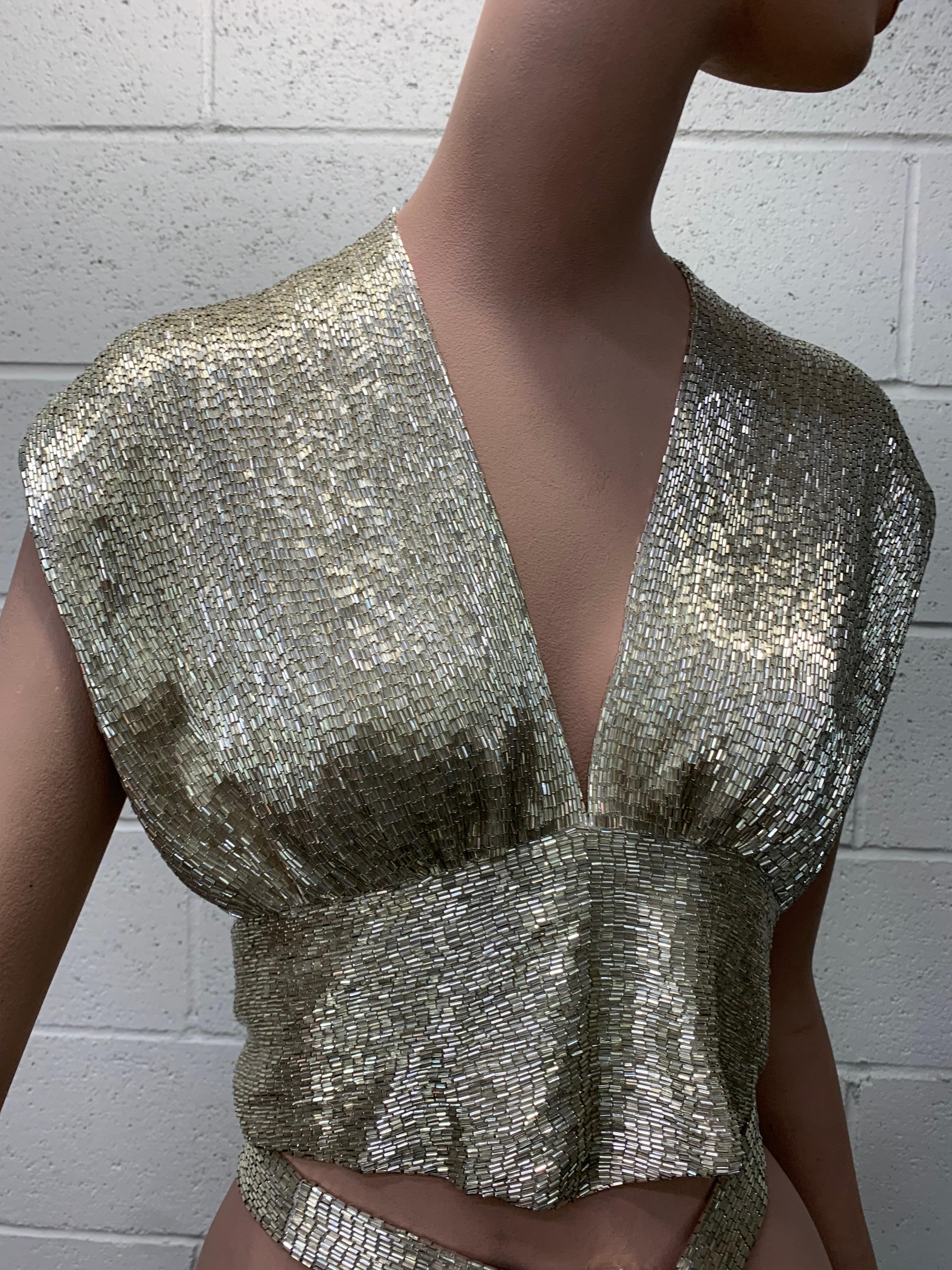 1970s Solid Silver Bugle Bead Wrap and Tie Evening Top w Flutter Shoulder  For Sale 8
