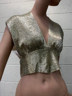 1970s Solid Silver Bugle Bead Wrap and Tie Evening Top w Flutter Shoulder