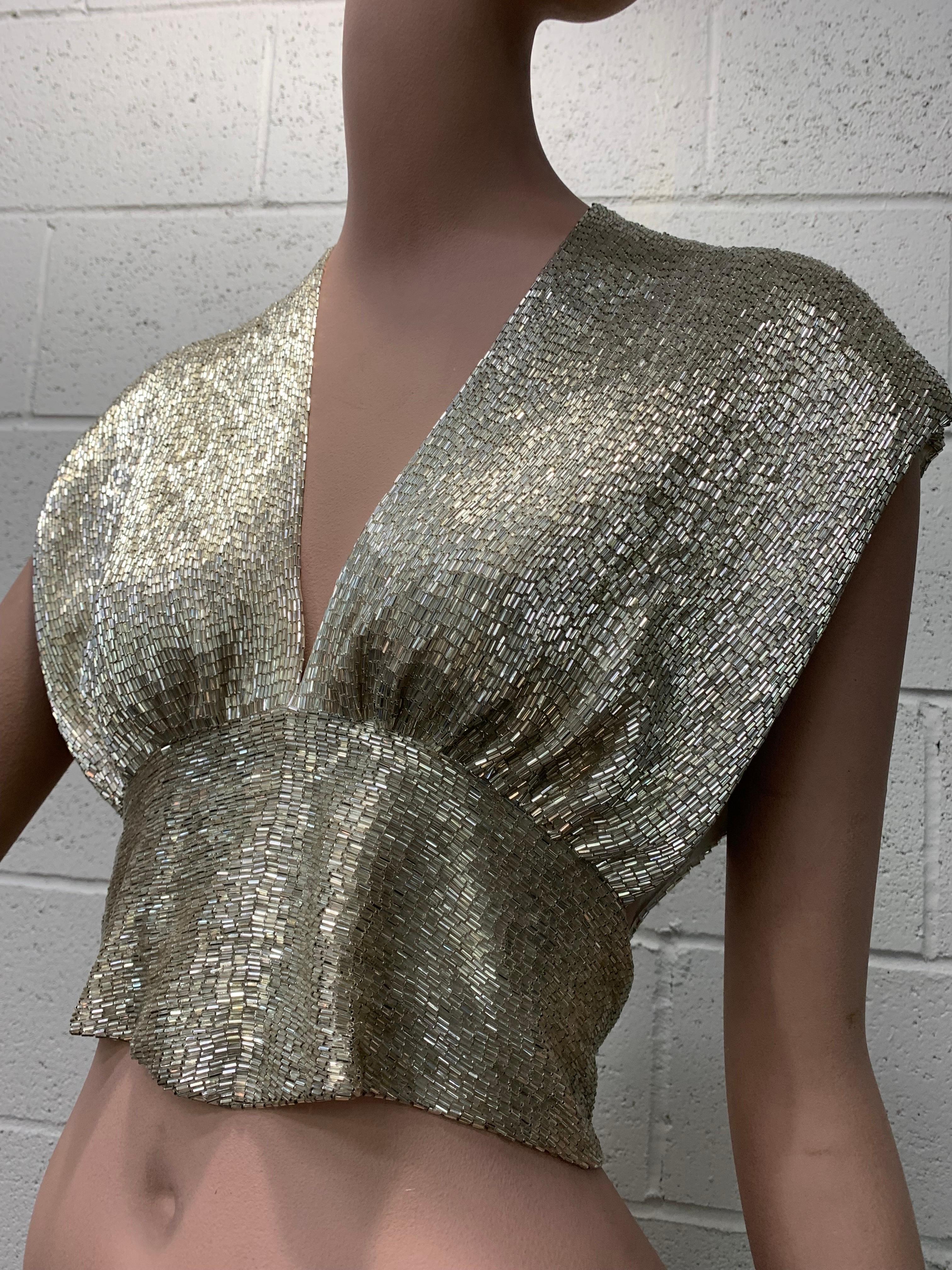 1970s Solid Silver Bugle Bead Wrap and Tie Evening Top w Flutter Shoulder  In Excellent Condition For Sale In Gresham, OR