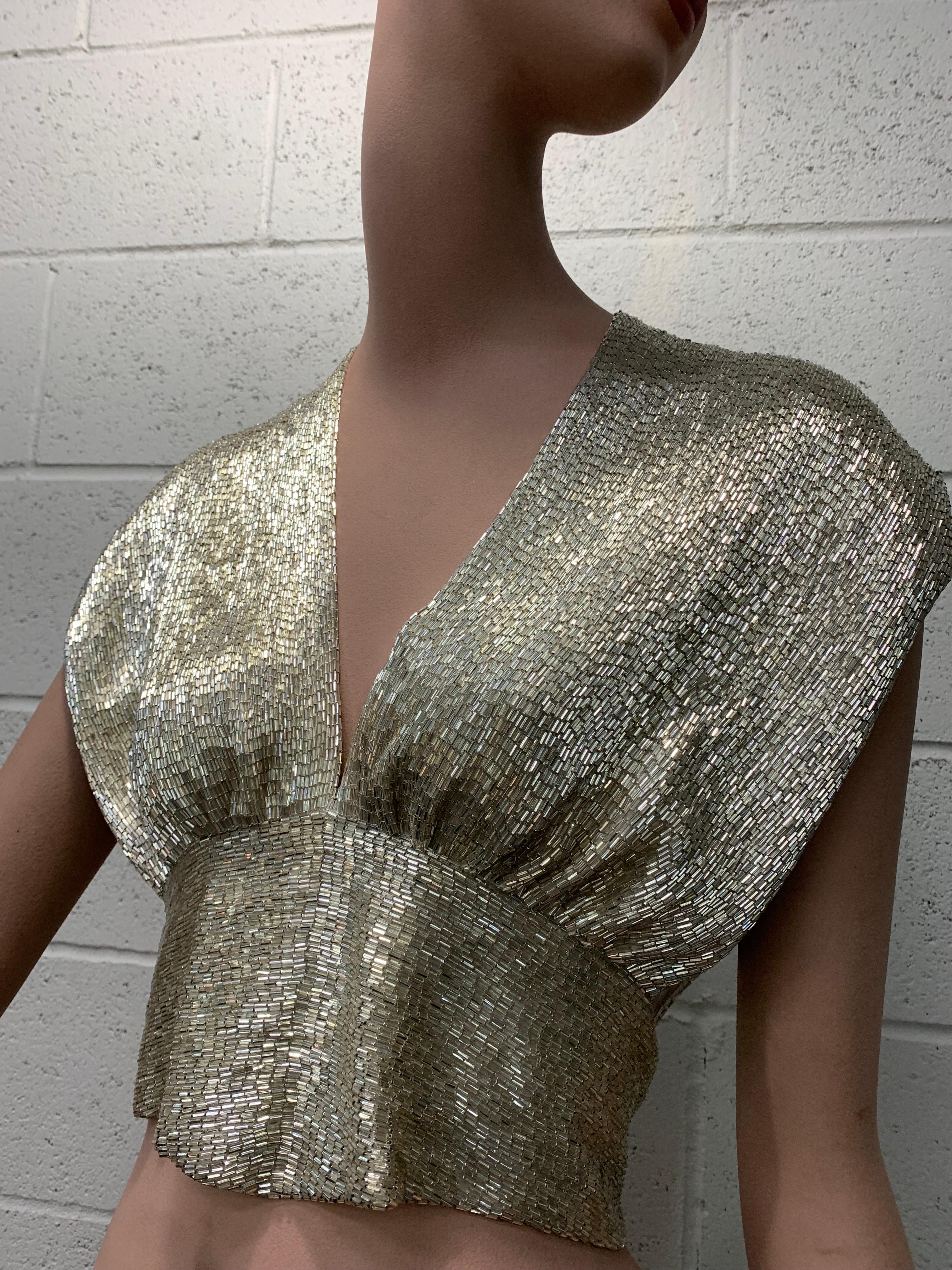 1970s Solid Silver Bugle Bead Wrap and Tie Evening Top w Flutter Shoulder  For Sale 1