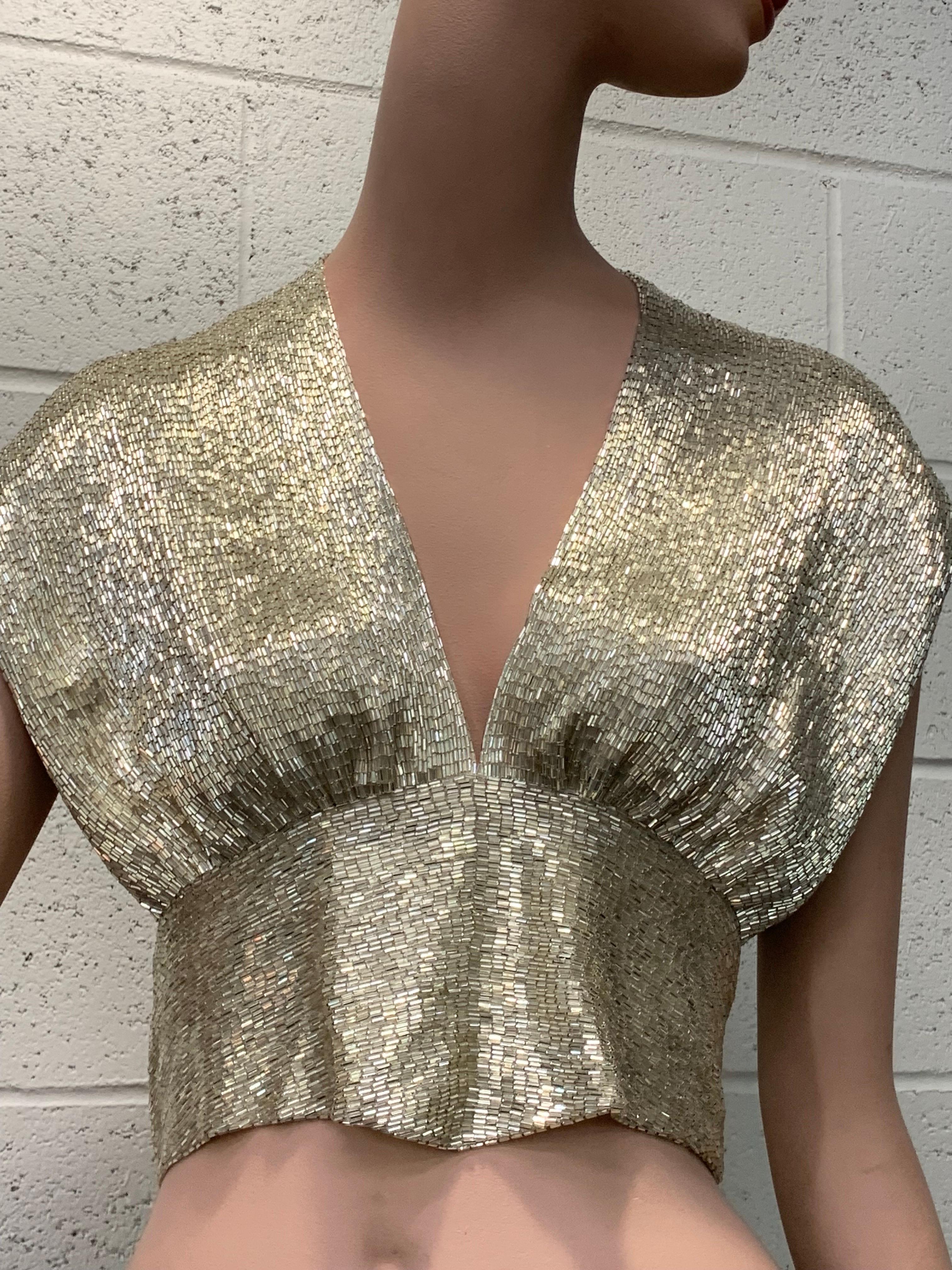 1970s Solid Silver Bugle Bead Wrap and Tie Evening Top w Flutter Shoulder  For Sale 2
