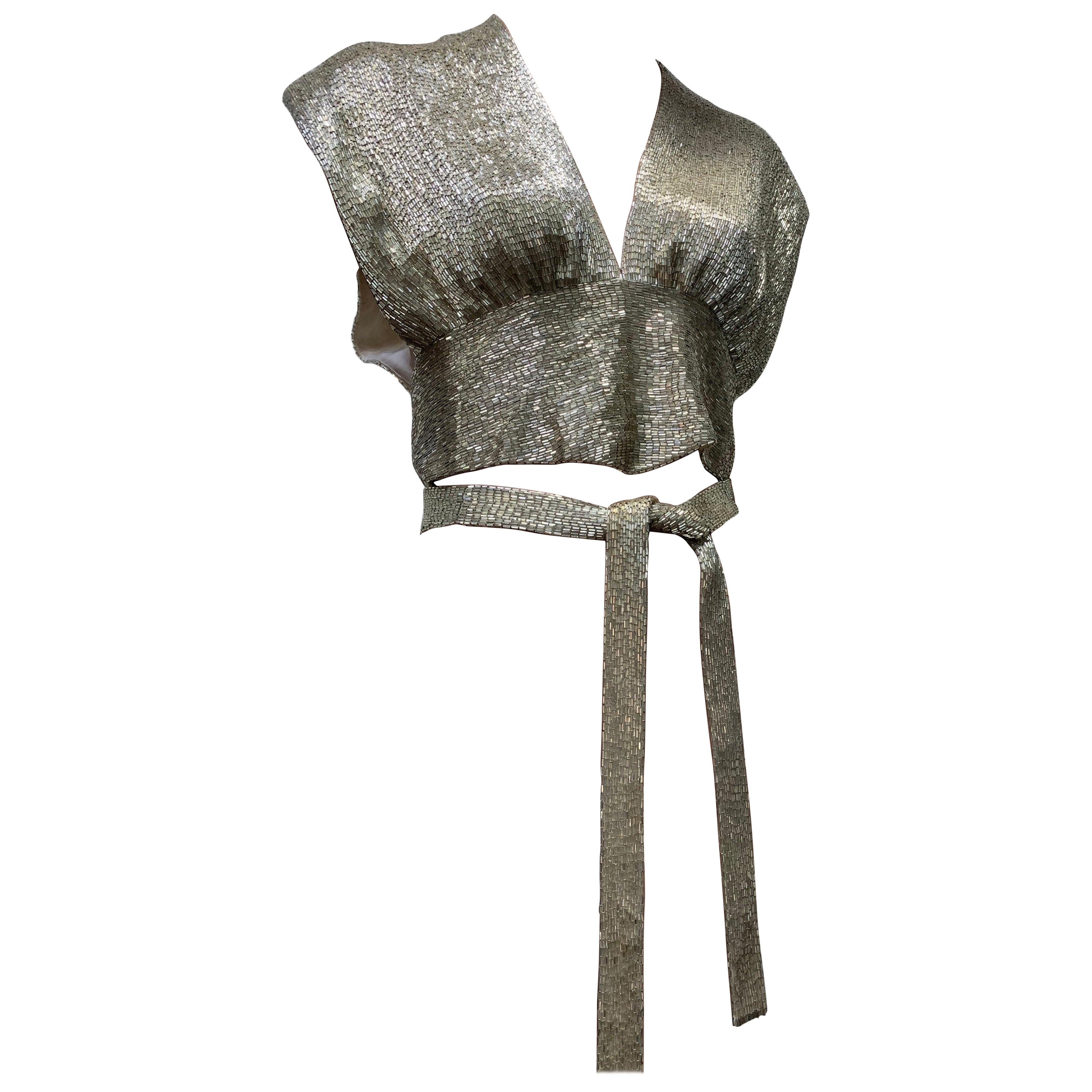 1970er Jahre Massivsilber Bugle Perlen Wickel- und Krawatten-Abendtop mit geriffelter Schulter