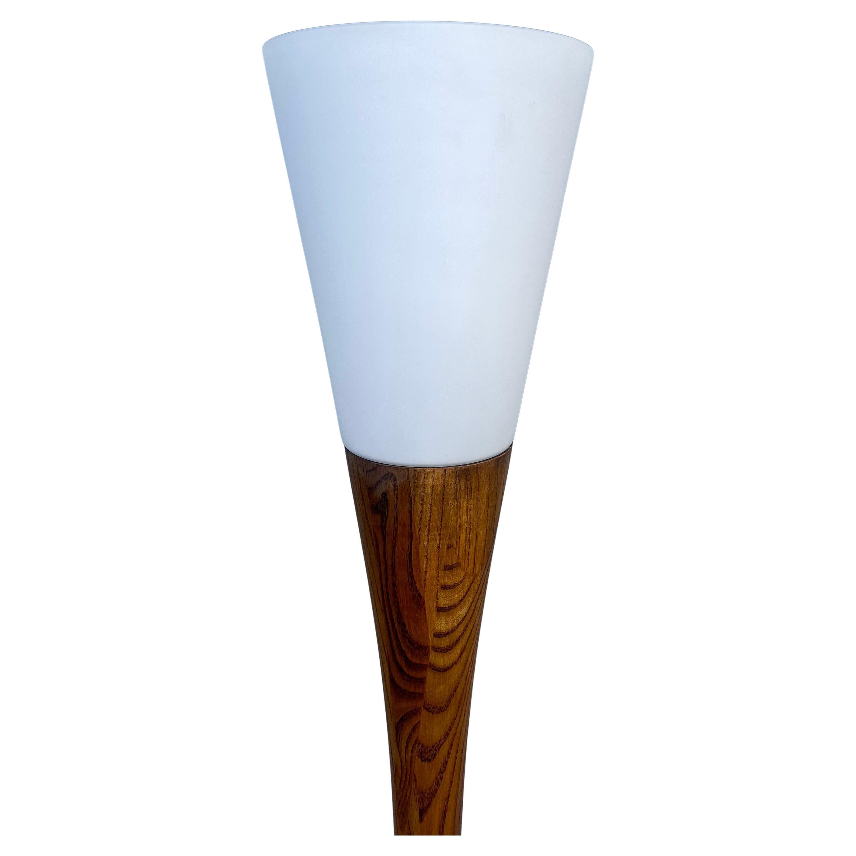 Mid-Century Modern 1970's Solid Walnut & Milk Glass Torchiere Floor Lamp